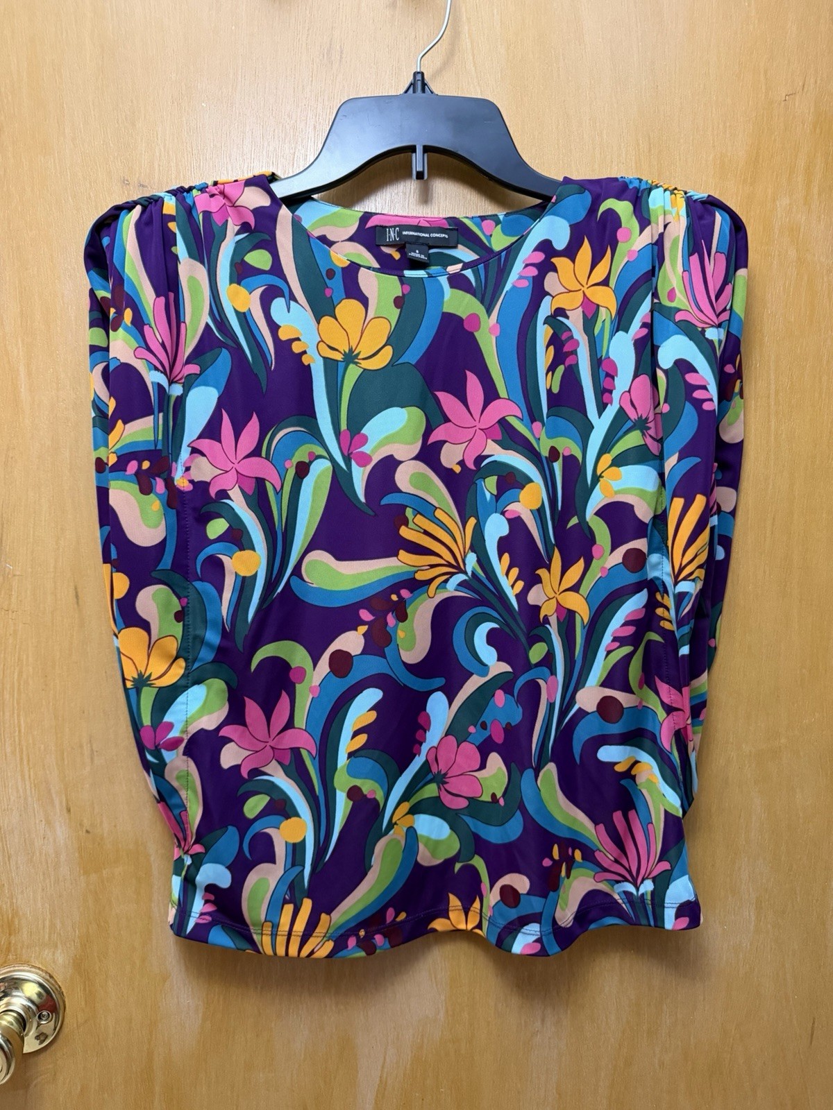 INC International Concepts Floral Puff Shoulder Blouse Small Purple Multicolor