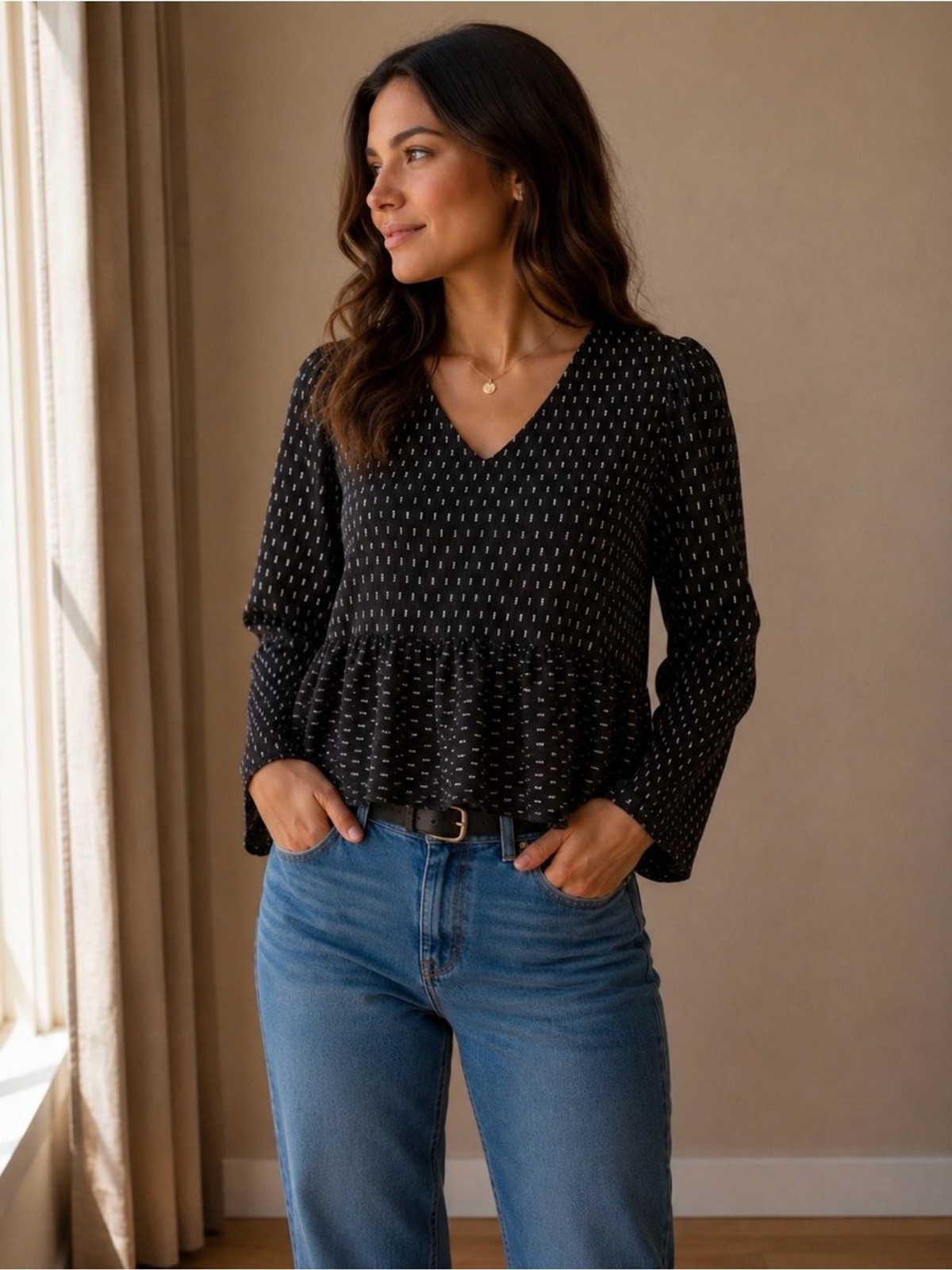 Altar’d State Black V-Neck Peplum Blouse with White Dash Print