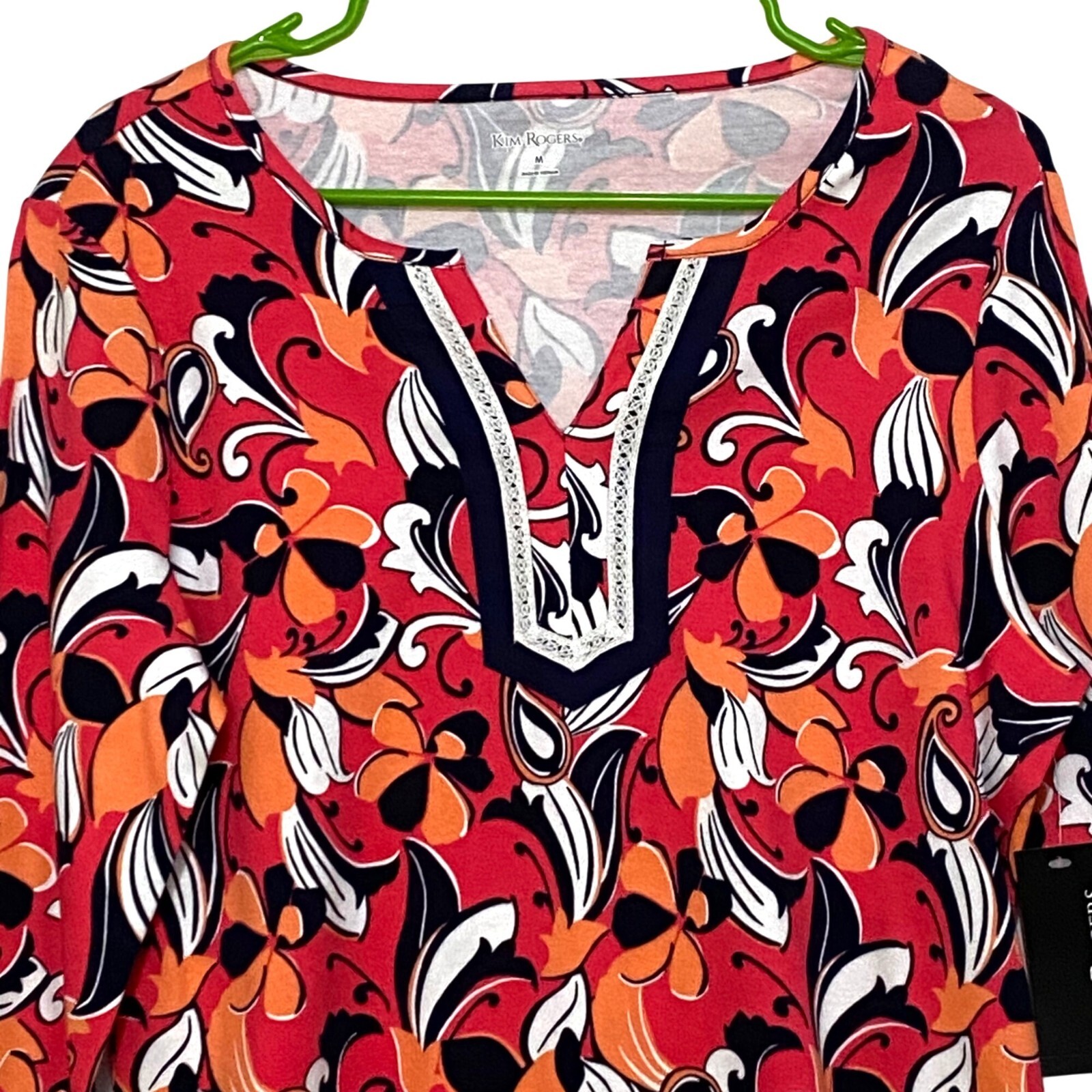 Kim Rogers Pullover Top Womens M Coral Peach Groovy Retro Boho Floral Hippie