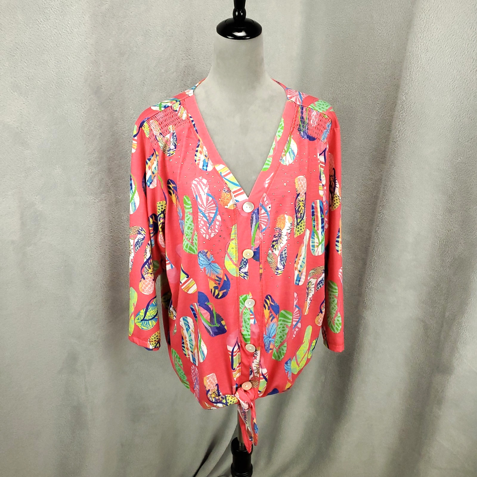 Onque Casual Top Womens 2X Flip Flop Rhinestone Faux Button Up V Neck Pullover