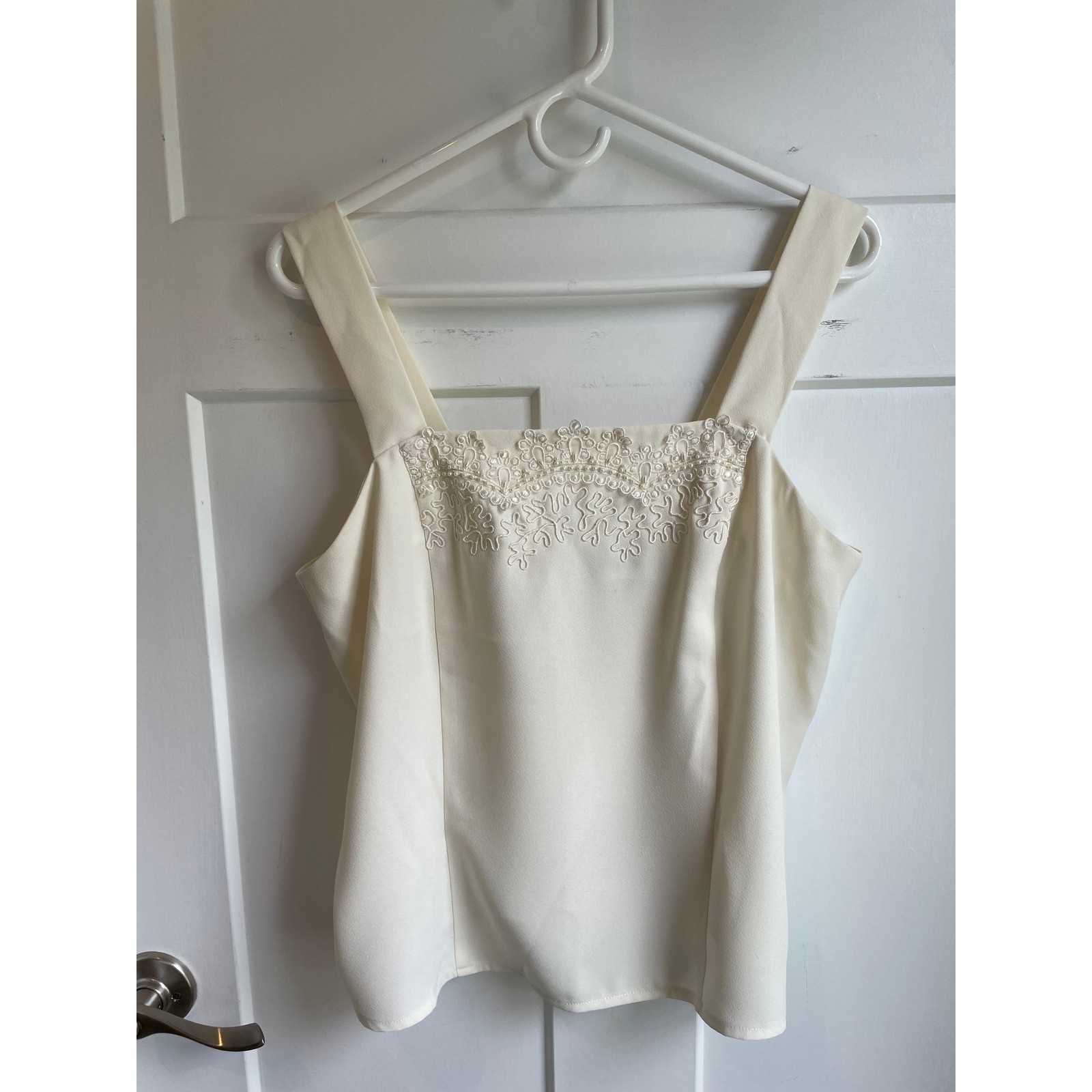 Vintage Cream Embroidered Beaded Square Neck Blouse Top Size 14 Bridal Zip Back