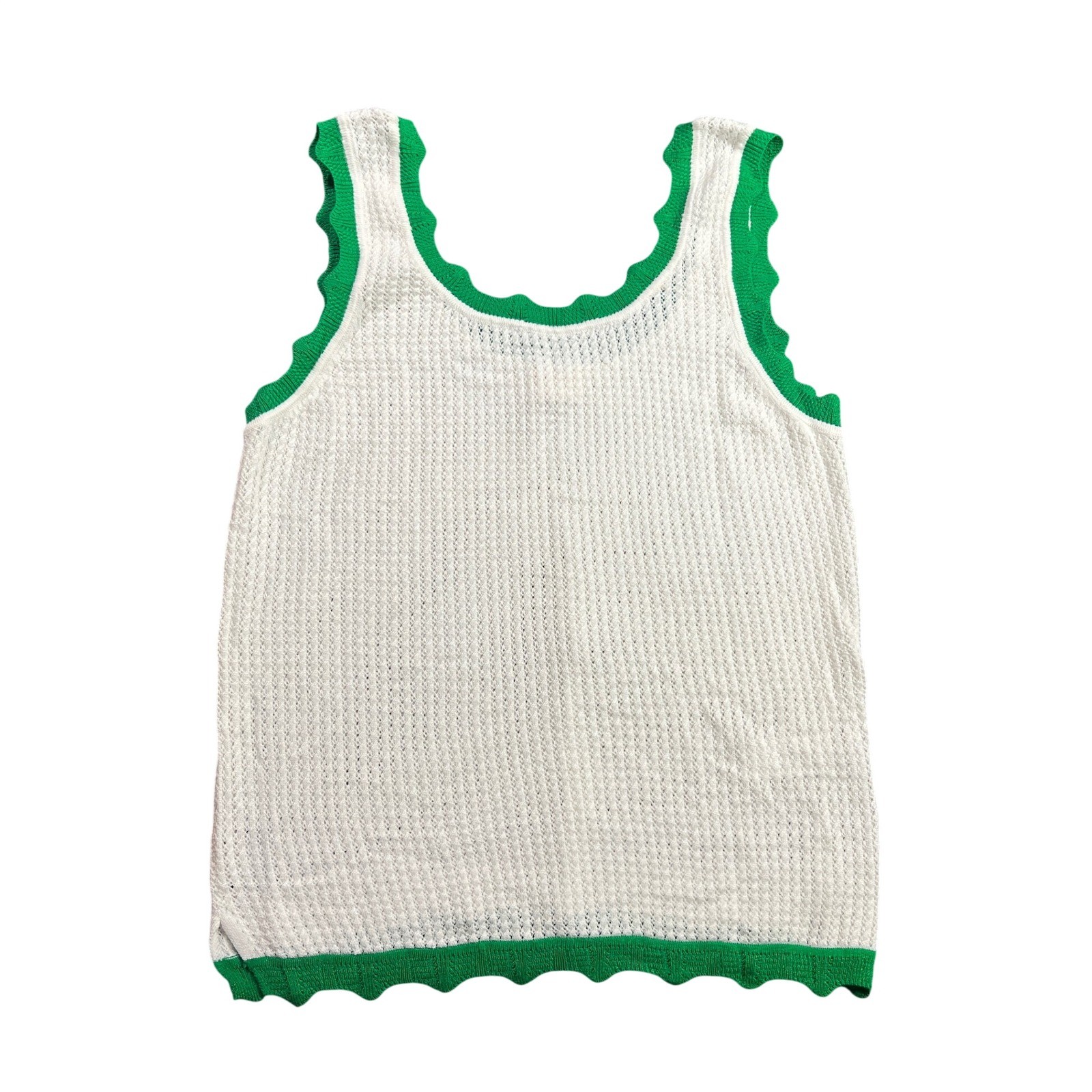 Fate Women’s Medium White Green Scalloped Trim Waffle Knit Tank Top FW15543