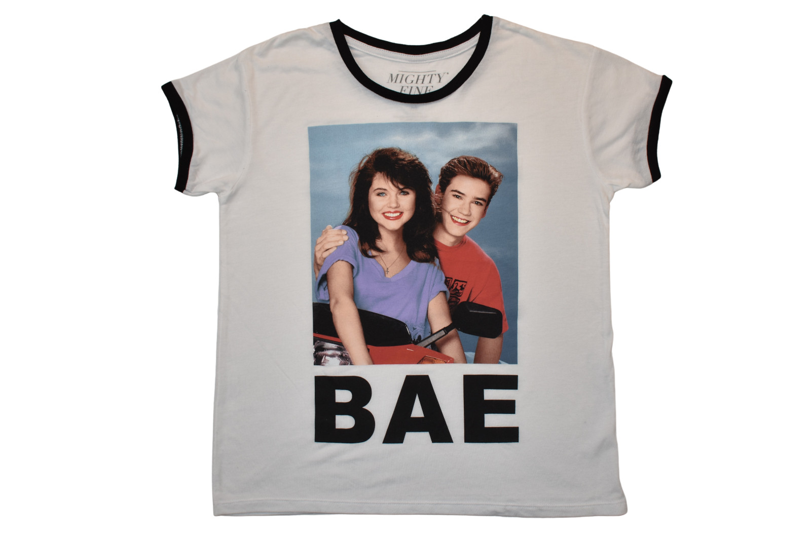 Mighty Fine Womens Saved By The Bell BAE Zack & Kelly White Ringer Shirt New M