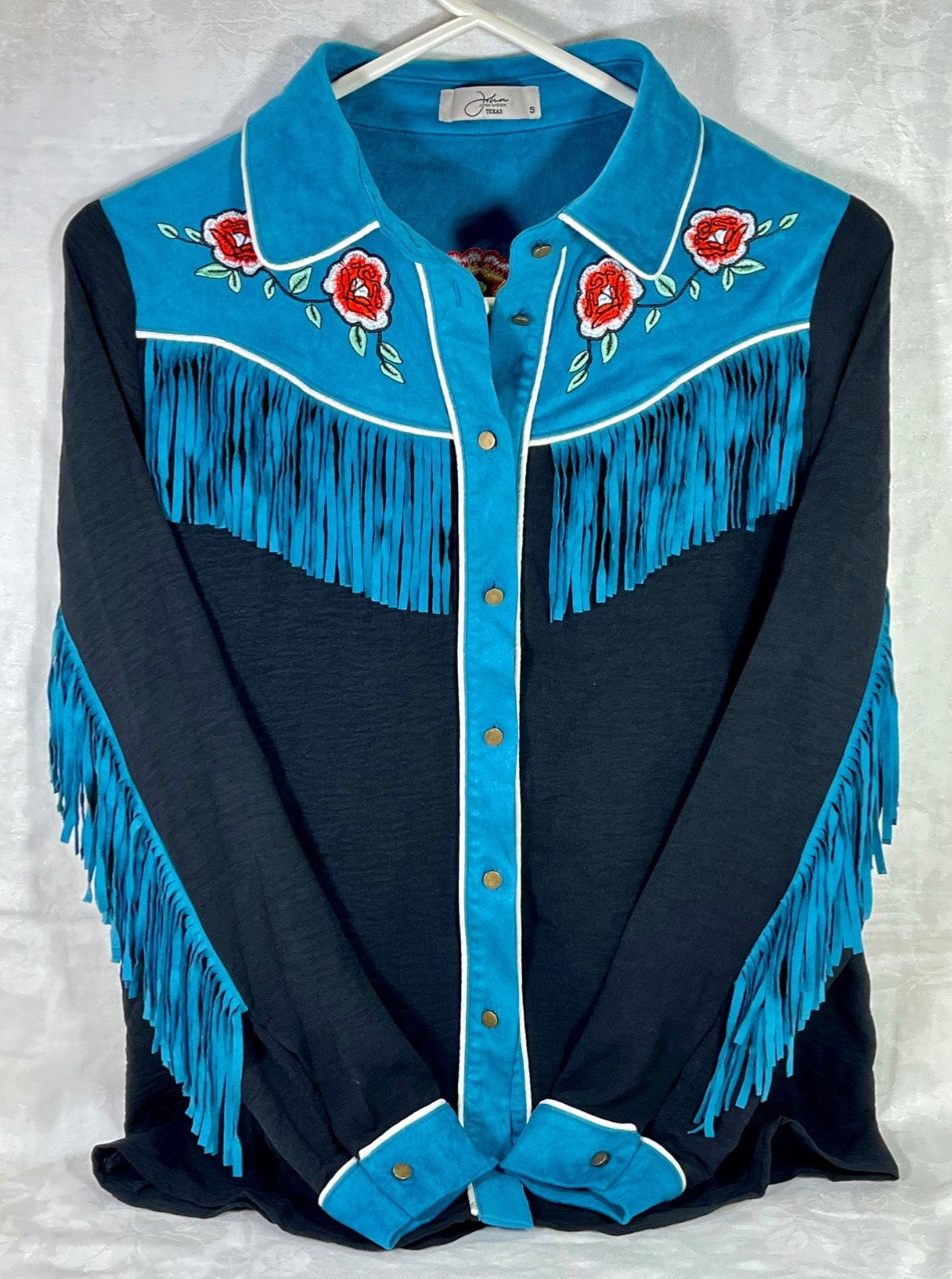 Women’s John Moon Texas Western Fringe Embroidered Roses Western Shirt S
