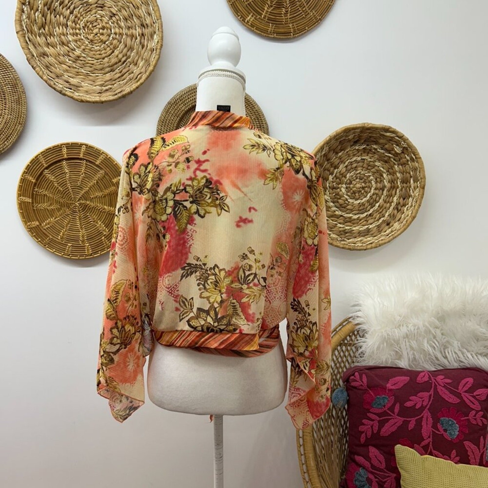 Vintage Y2K 2000s Mix It Floral Wrap Tie Flowy Cropped Blouse Crop Top Large