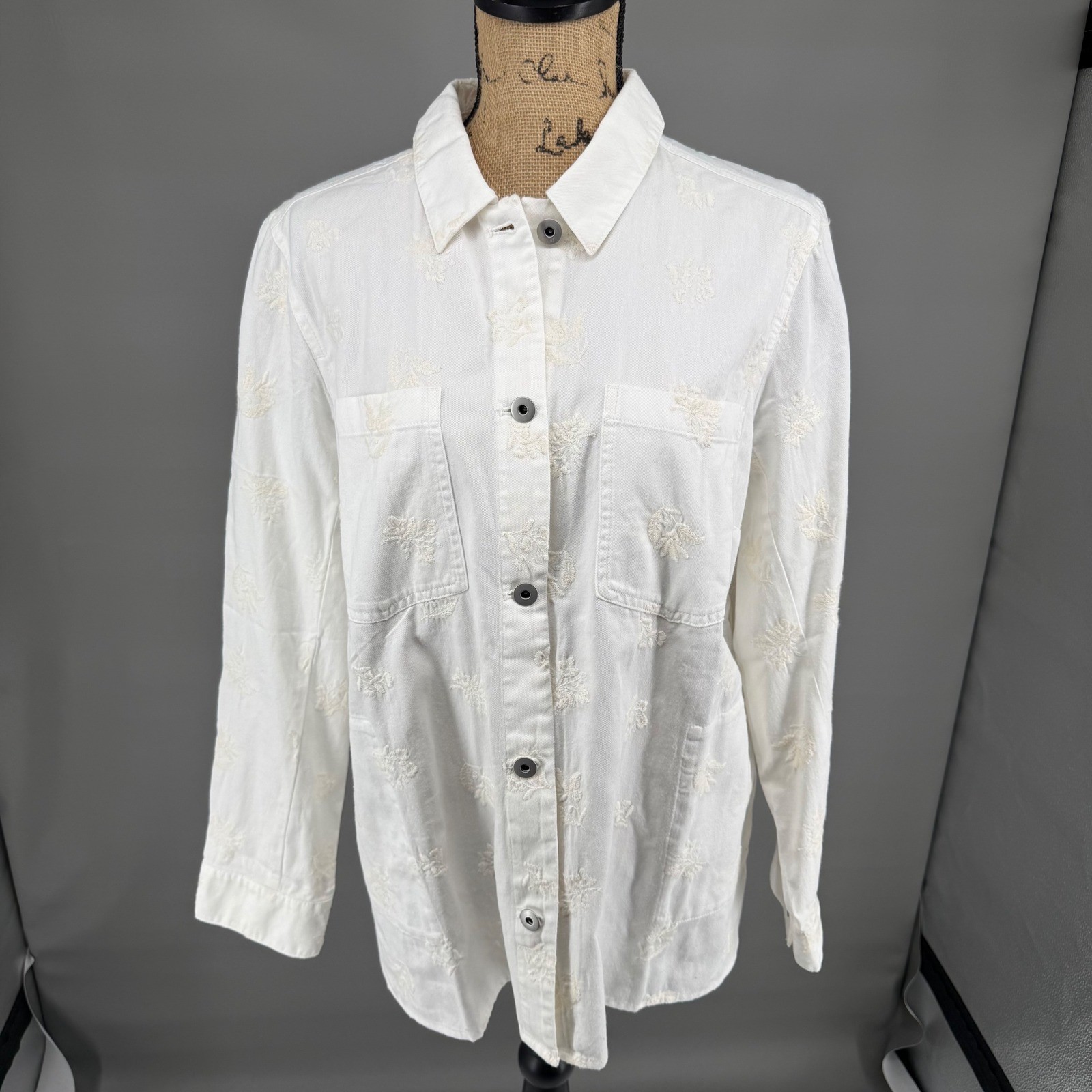 J. Jill Shirt Jacket Womens Lg White Floral Embroidered Denim Button Front NWT