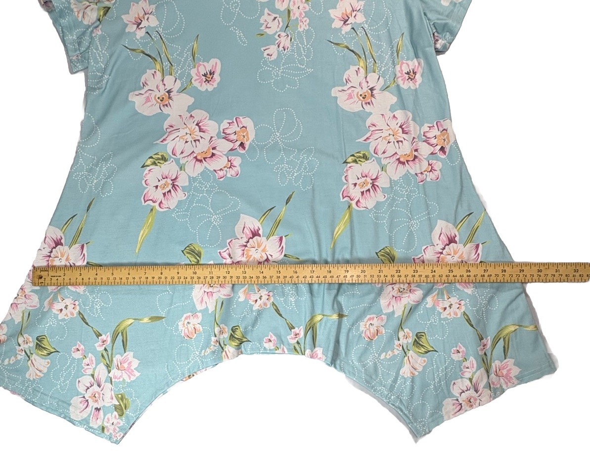 MIROL Floral Tunic Top XXL Blue Pink Asymmetrical Hem Stretch Boho