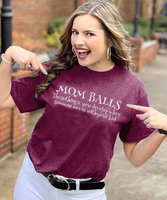 Mom Balls Letter Printed Graphic T-shirts Short Sleeve Tee Purple Size Small