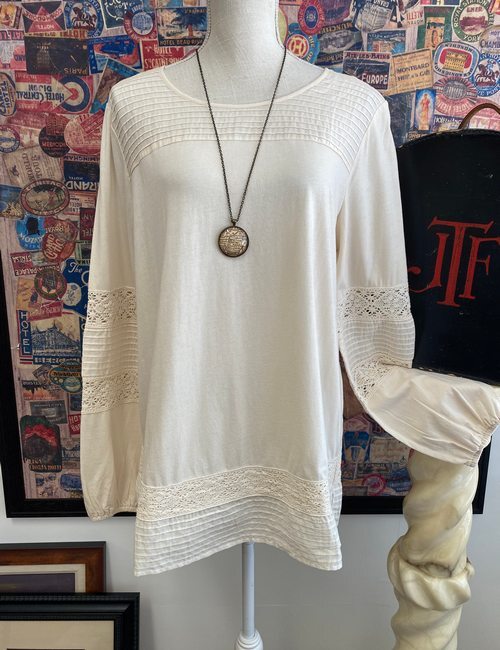 LOGO Ivory Pearl Cotton Modal Top Pleats and Crochet M New Lori Goldstein Sale