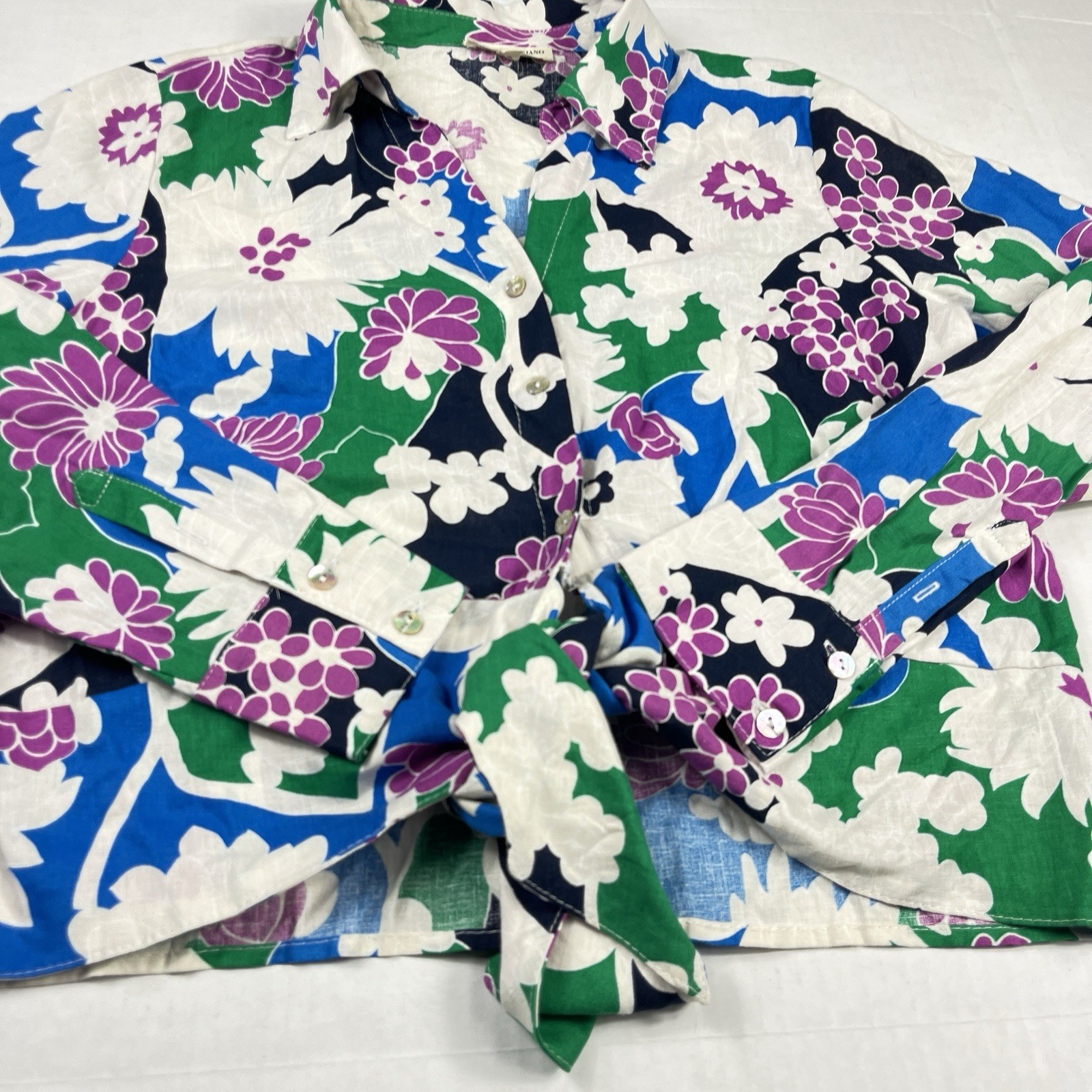 Christian Siriano Tie Front Button Shirt Floral Long Sleeve Tropical Top LARGE