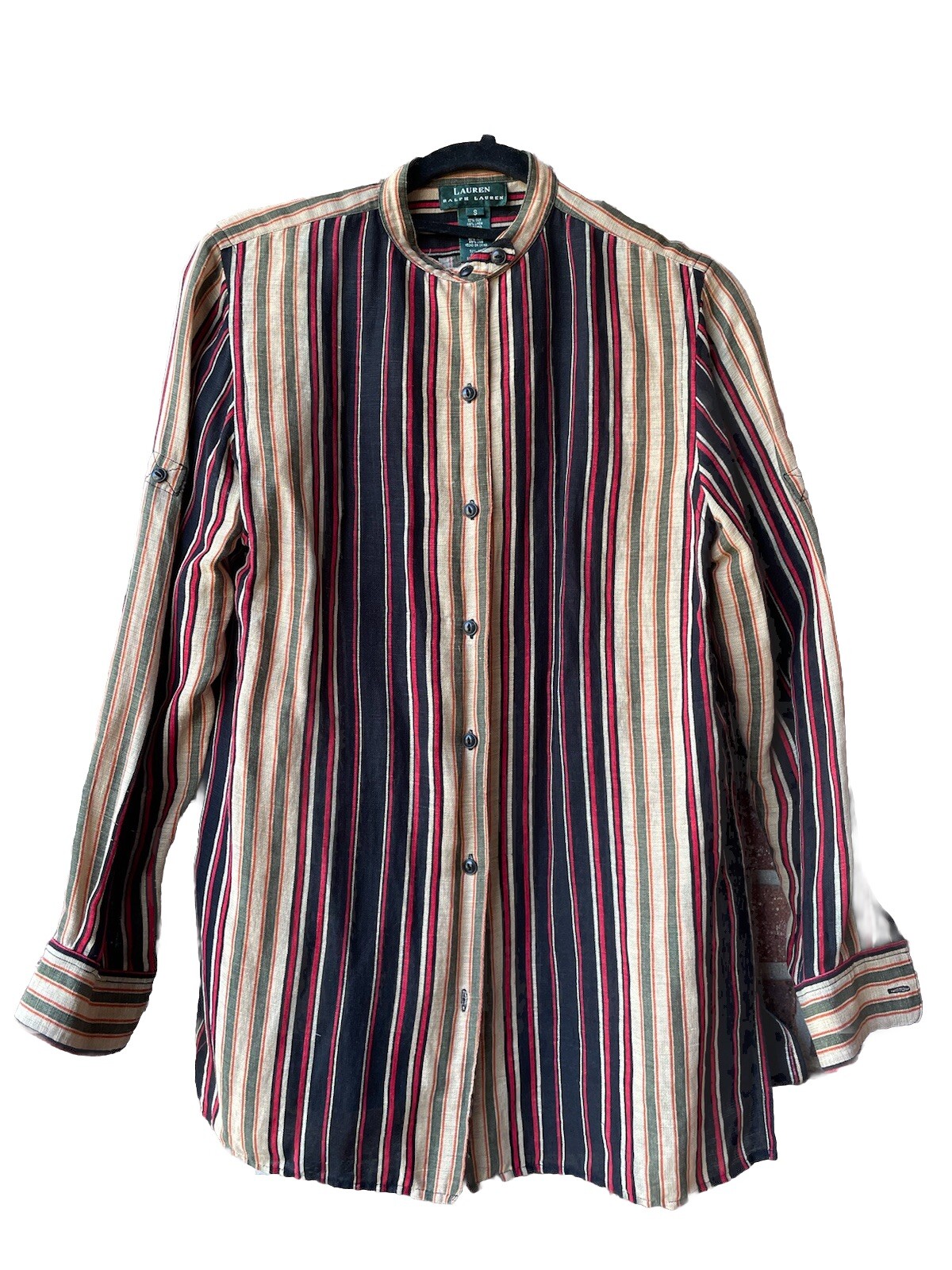VINTAGE LAUREN RALPH LAUREN WOMENS ROLL TAB LONG SLEEVE STRIPED LINEN TOP Sz S