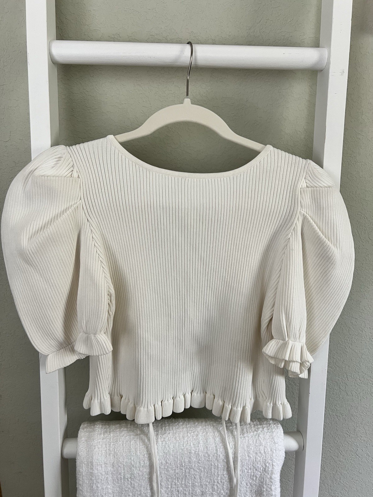 Endless Rose White Ribbed Tie Back Puff Sleeve Crop Top NWT small
