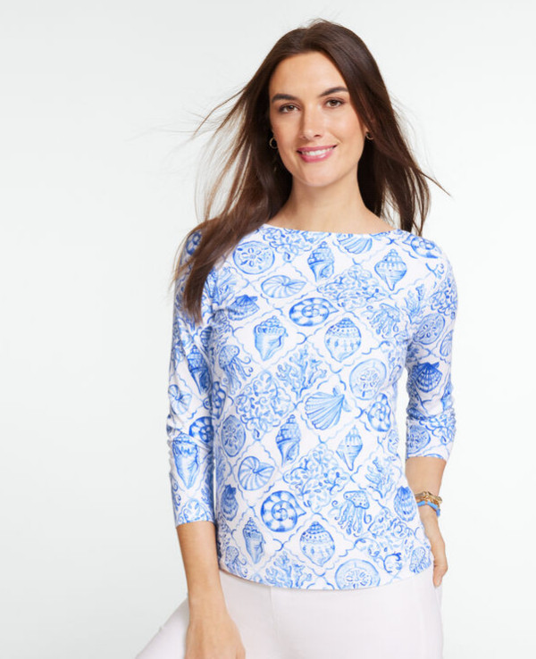 Talbots Women’s Bateau Neck Tee – Seashell Tiles, WHITE/BLUE MULTI (NEW WT)