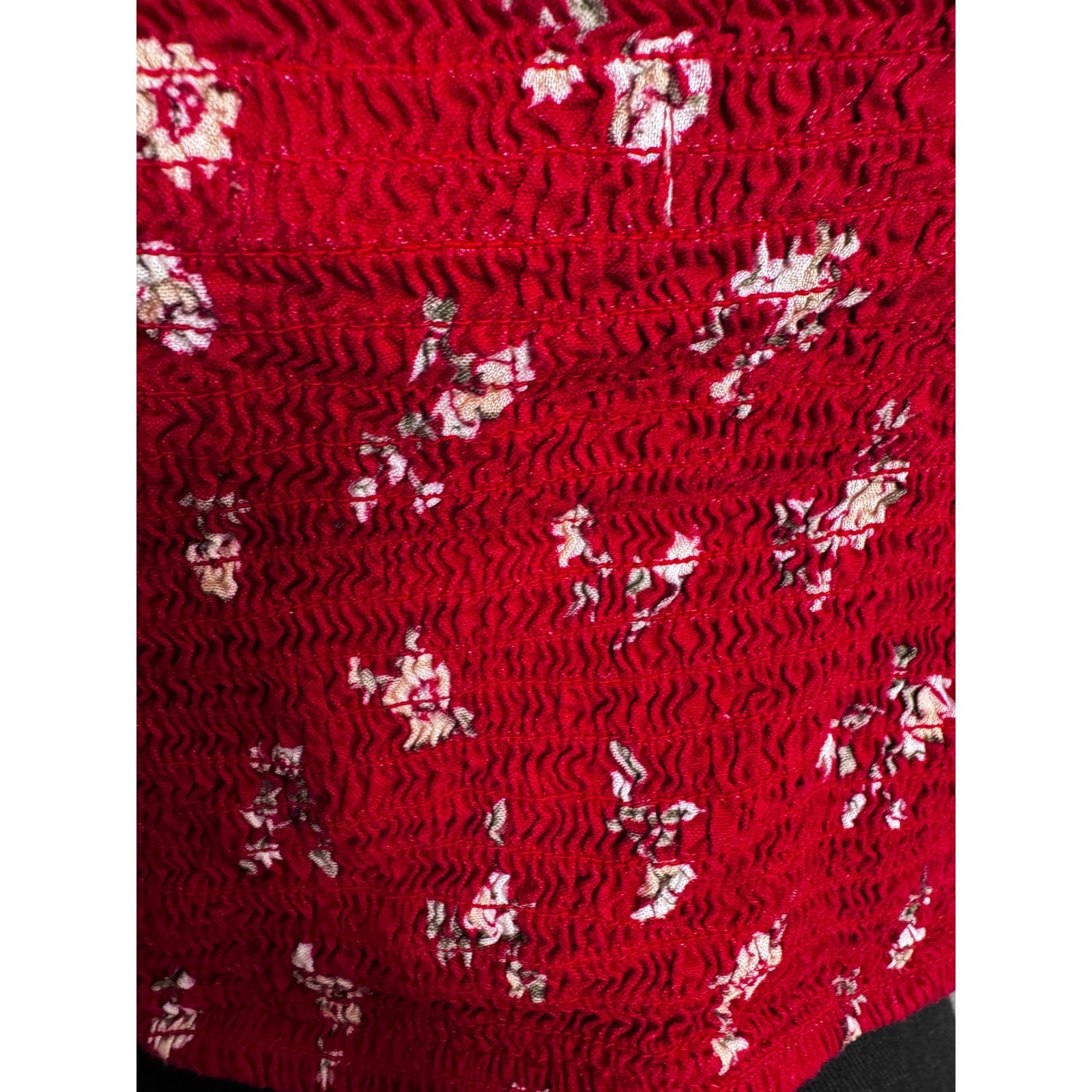 Cottagecore Red Floral Coquette Smocked Back Y2K Ruffle Strap Crop Top Large