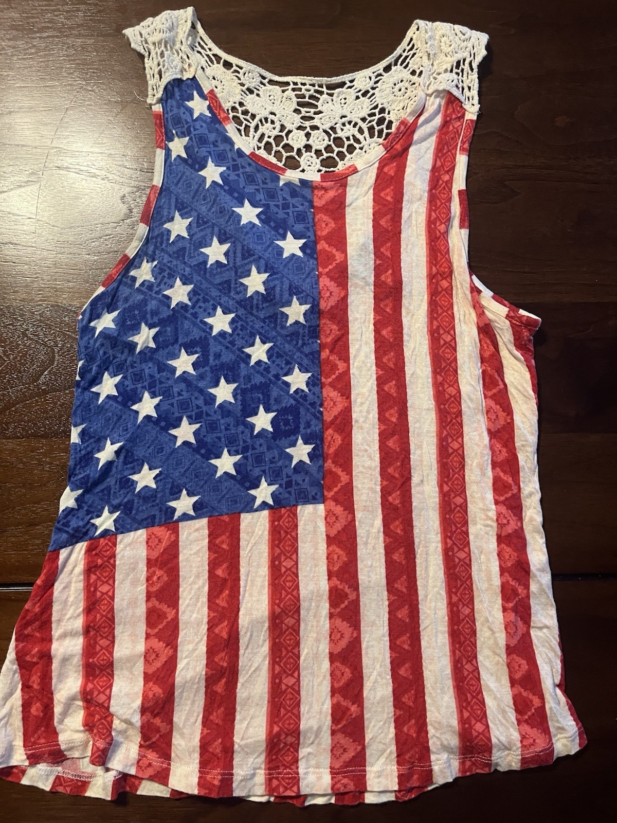 Boho Rue 21 American Flag Tank Top Junior Sz M Crochet Lace Back Patriotic July