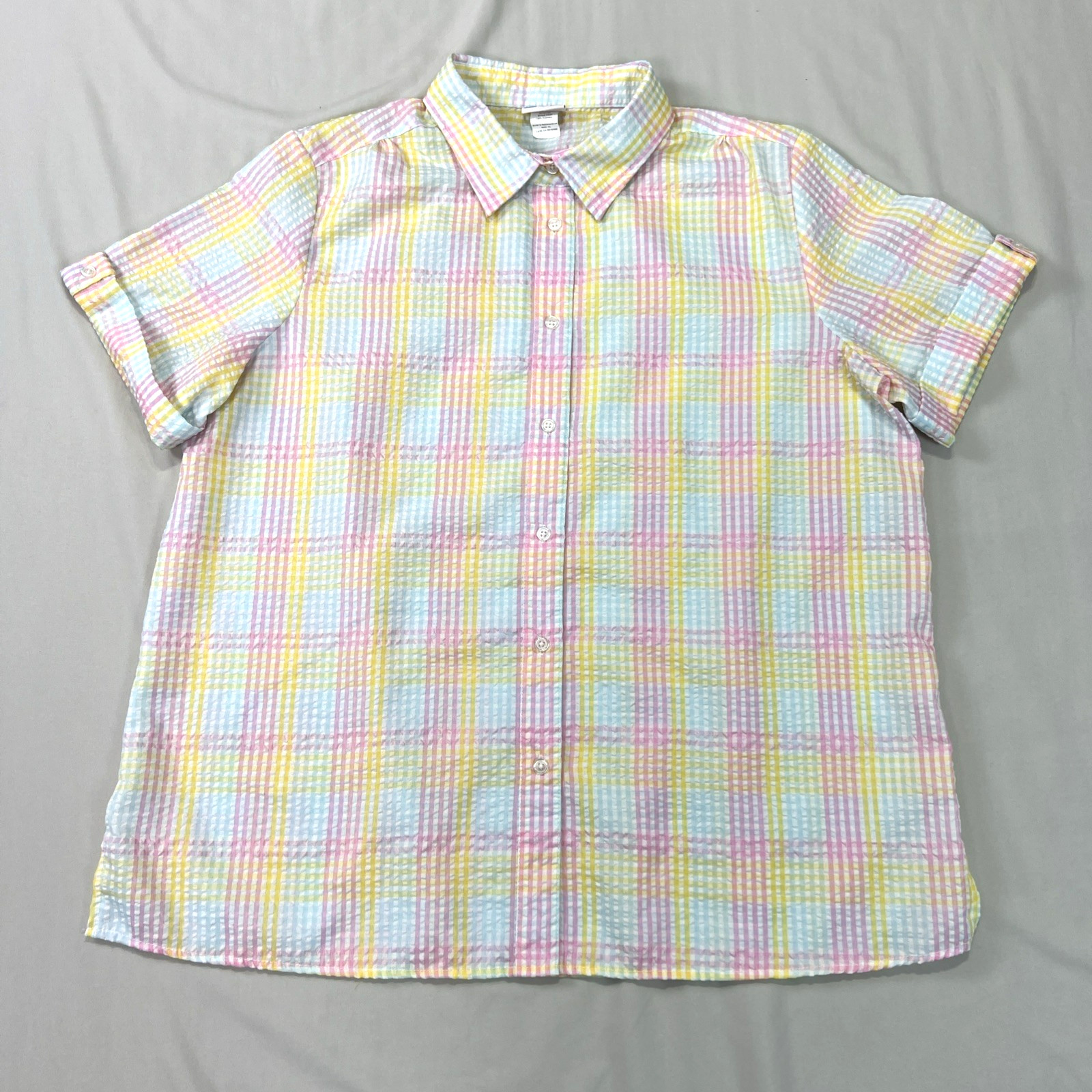 American Sweetheart Shirt Womens XL White Pastel Check Easter Seersucker Button
