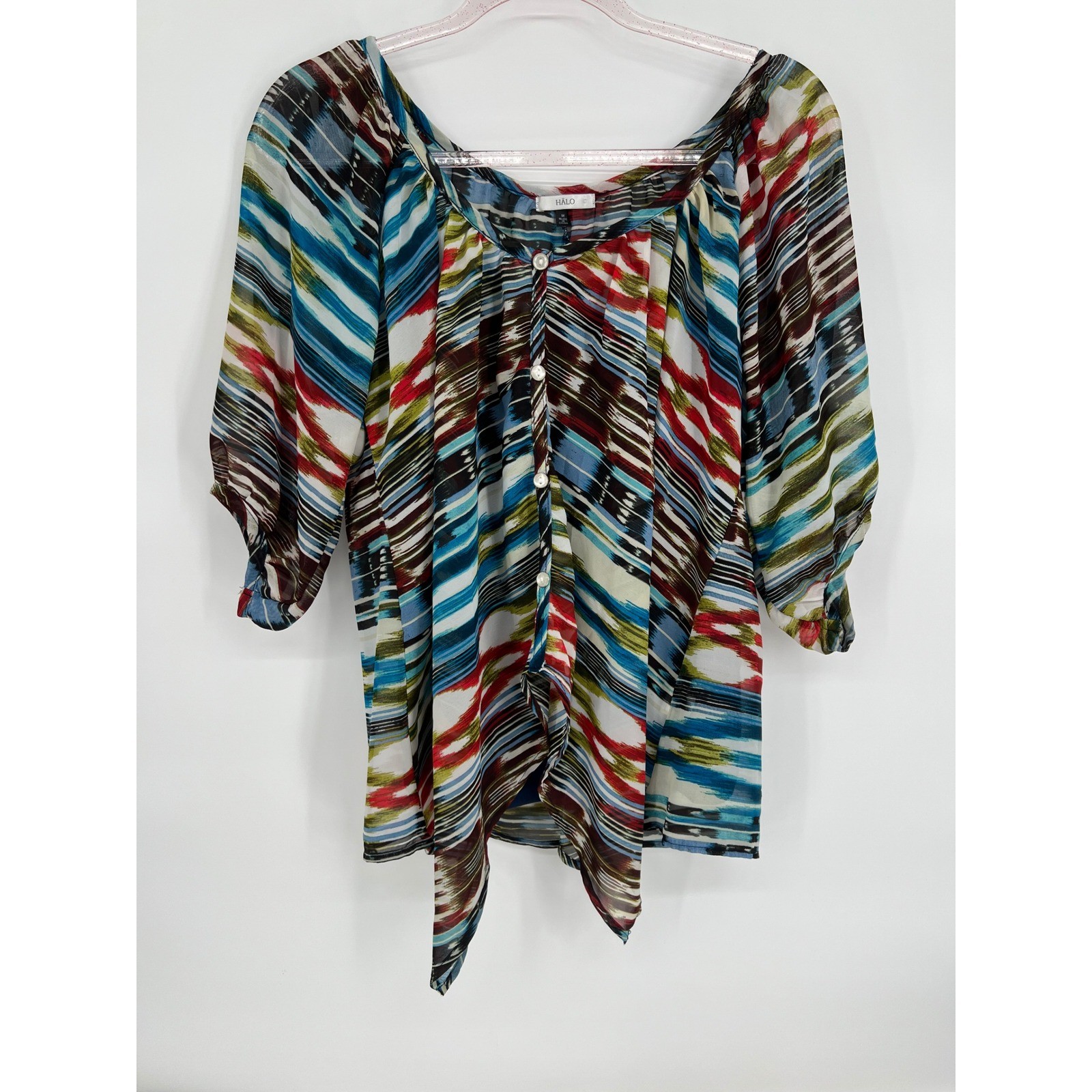 HALO Multicolor Blouse Sheer Button Down 3/4 Sleeve Top Medium