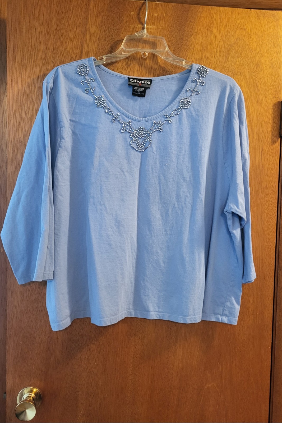 Citicraze Women’s Top Blue 3/4 Sleeves Silver Beaded Neck Plus Sz3X