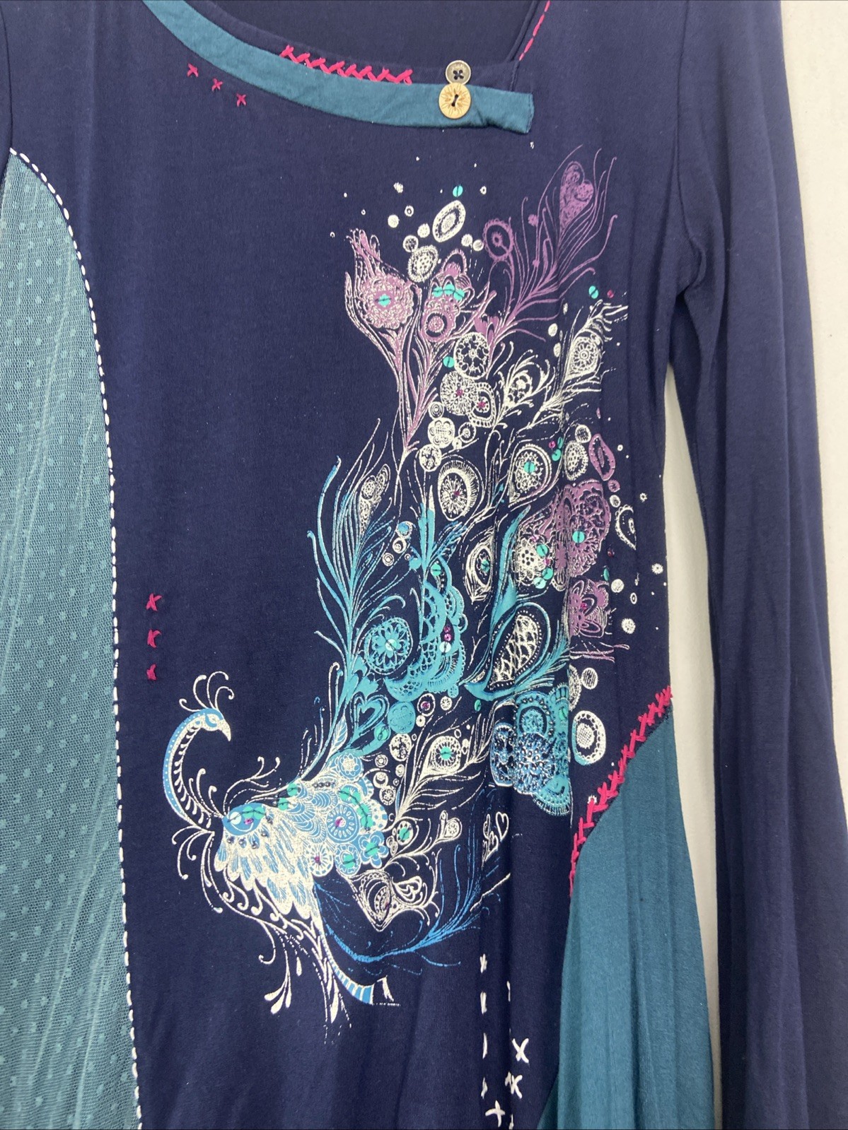 Joe Browns Top Womens Size 12 Blue Peacock Long Sleeve 90’s Y2K Floaty Gypsy
