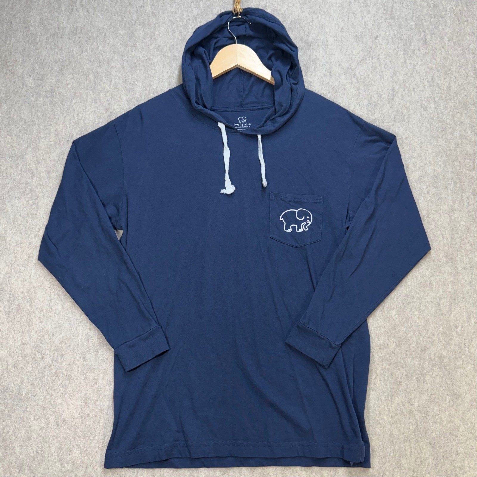 Ivory Ella Navy Blue Long Sleeve Hooded Graphic T-Shirt Sz M Pocket Logo Coastal
