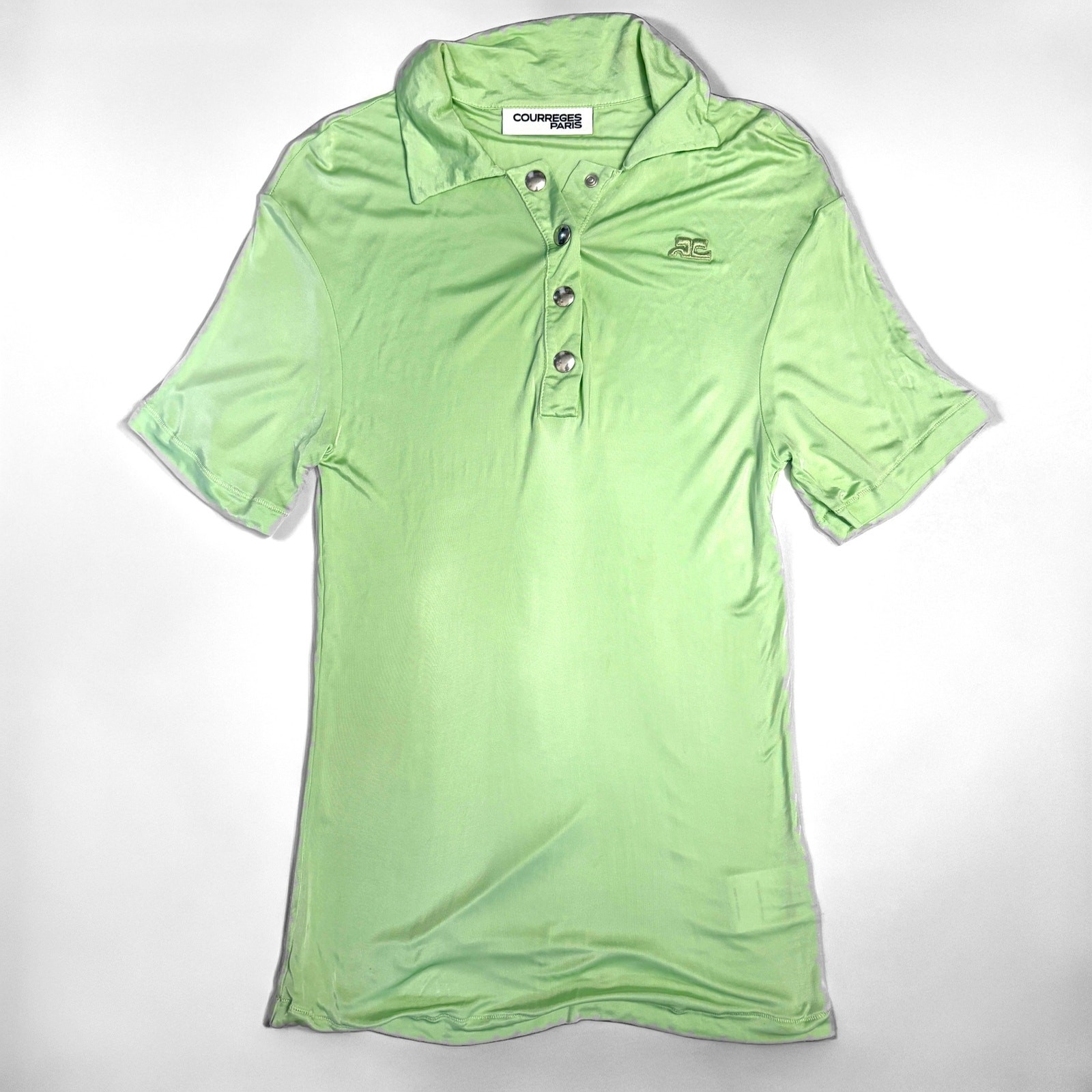 Courrèges Paris Light Green Logo Polo Top Size M Y2K Viscose Stretch