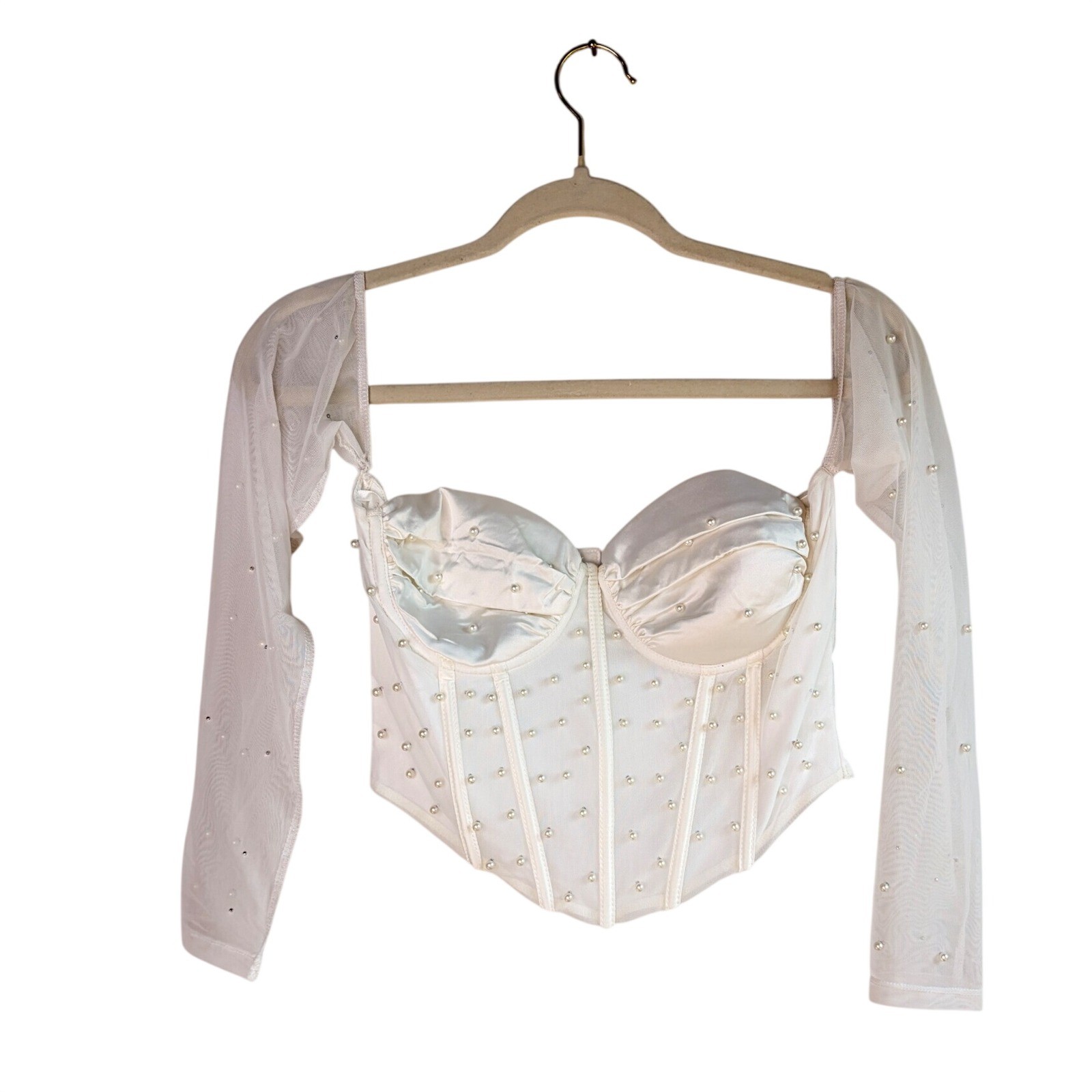 White Bridal Pearl Corset Crop Top Medium New With Tags