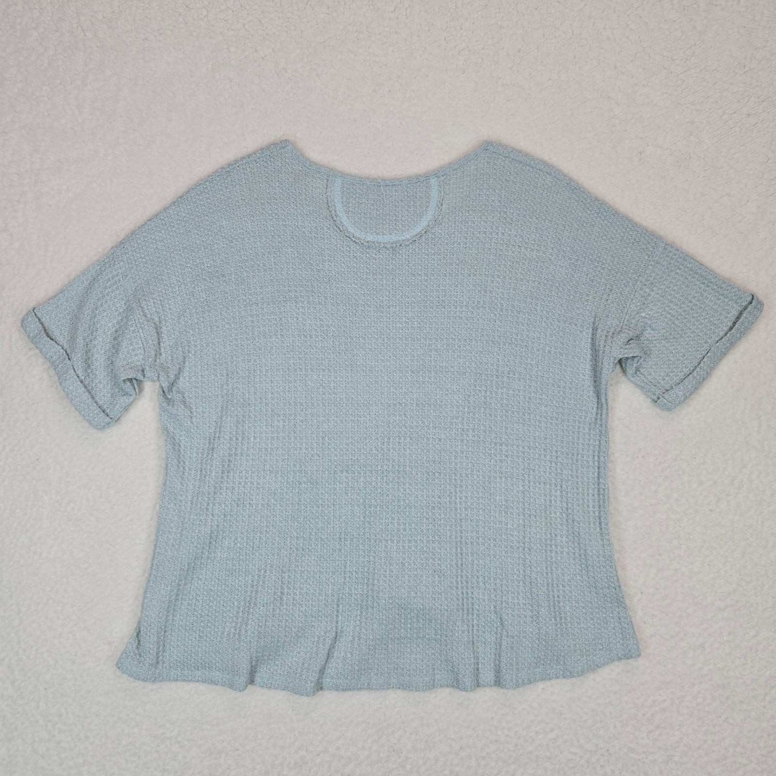 Cherish Waffle Knit Top Womens Small Blue Short Sleeve Pocket High Low Relaxed