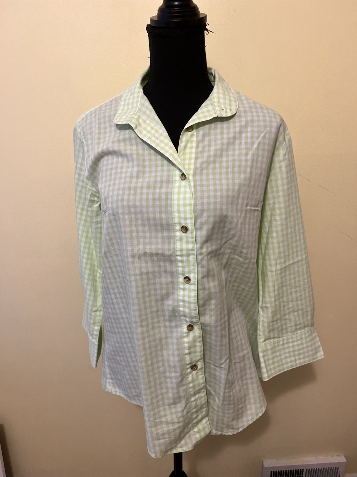 Cc Sands Button Up Woman Shirt Green 100 % Cotton Size 10 In Perfect Condition