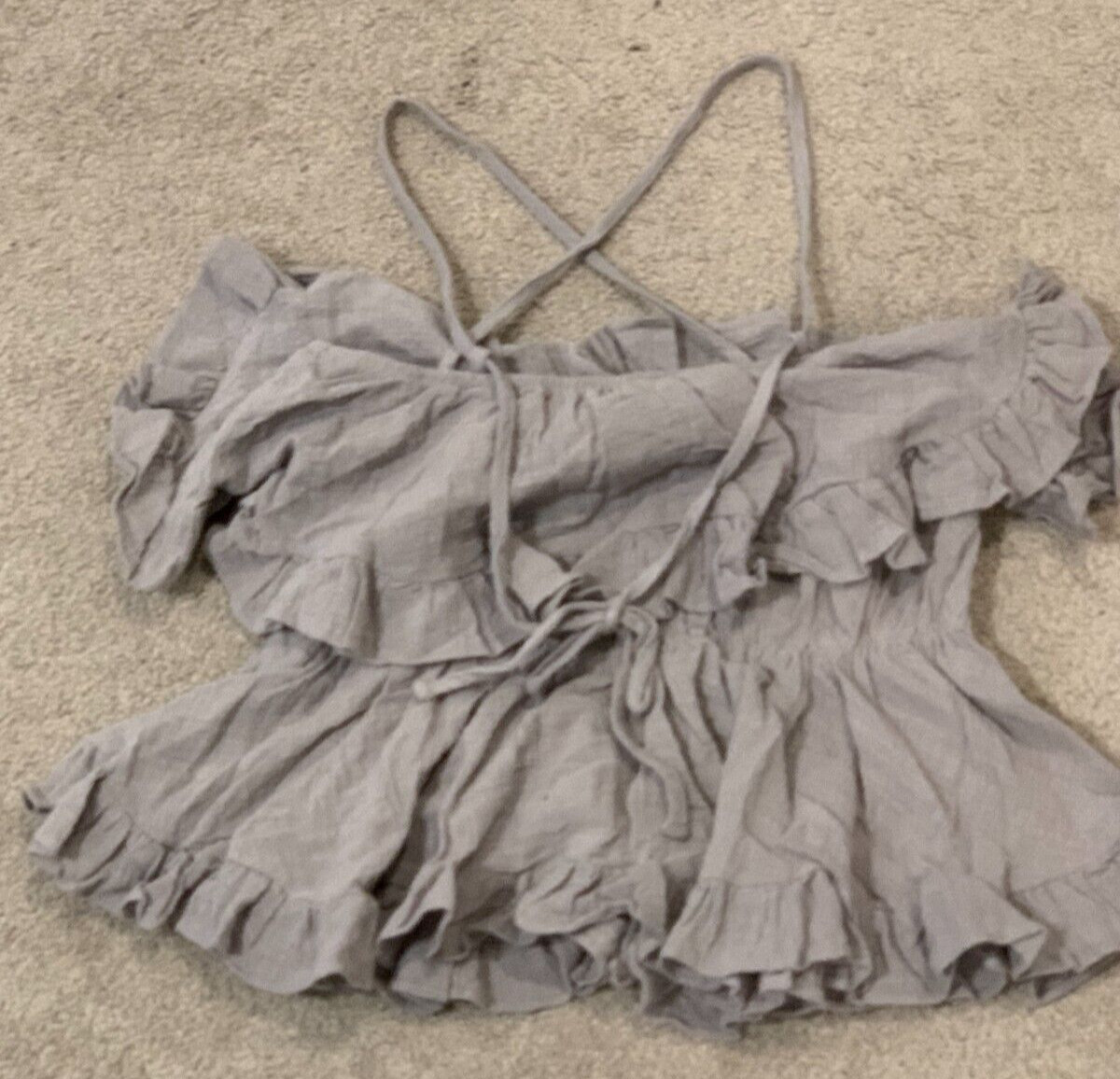 Closet Chic 100% Cotton Ruffle Shirt Top Small Gray Tie Straps Lagenlook Woven
