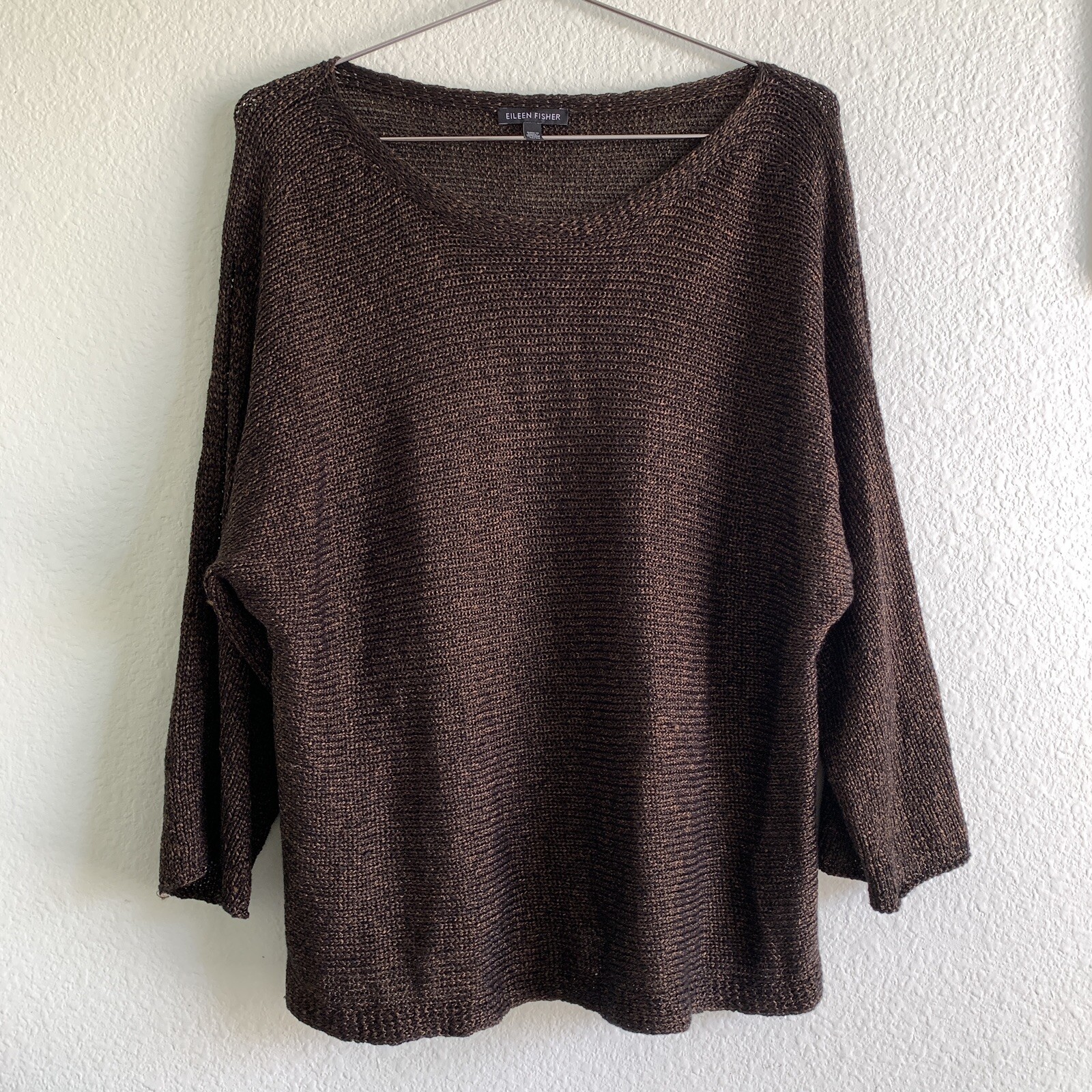 EILEEN FISHER organic linen nylon blend knit open slit sleeve top brown Medium