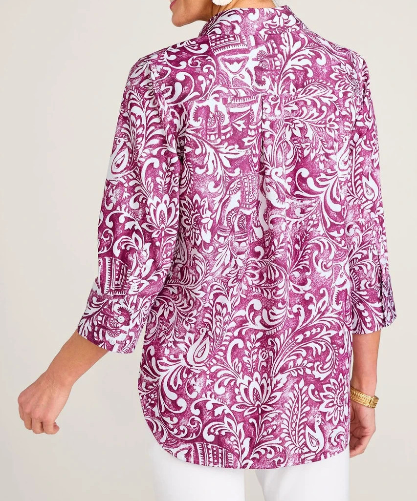 Soft Surroundings Easy Care Stretch Woven 3/4 Sleeve Big Shirt Berry Floral Sz L