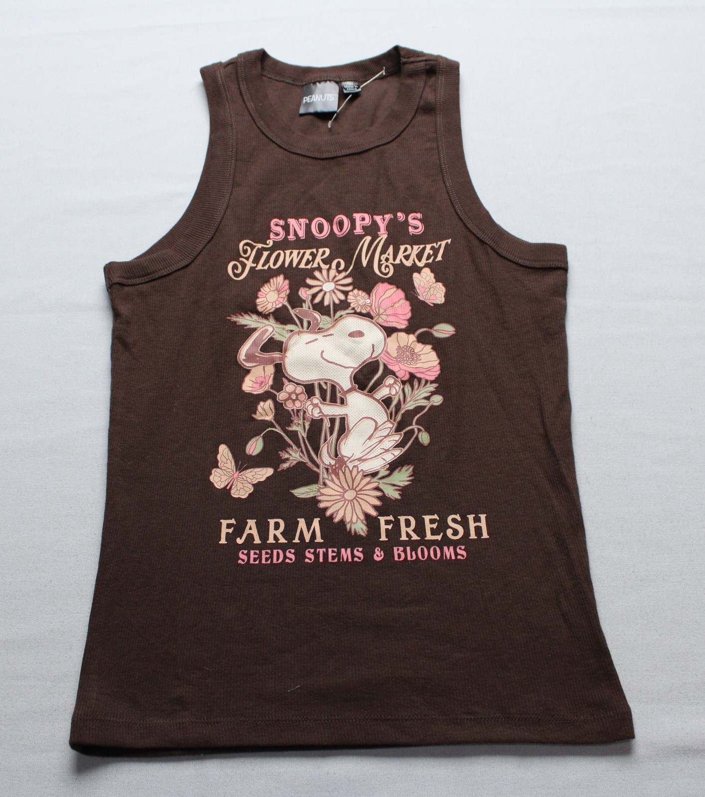 Peanuts Women’s Snoopy’s Flower Market Graphic Tank Top EJ3 Brown Small