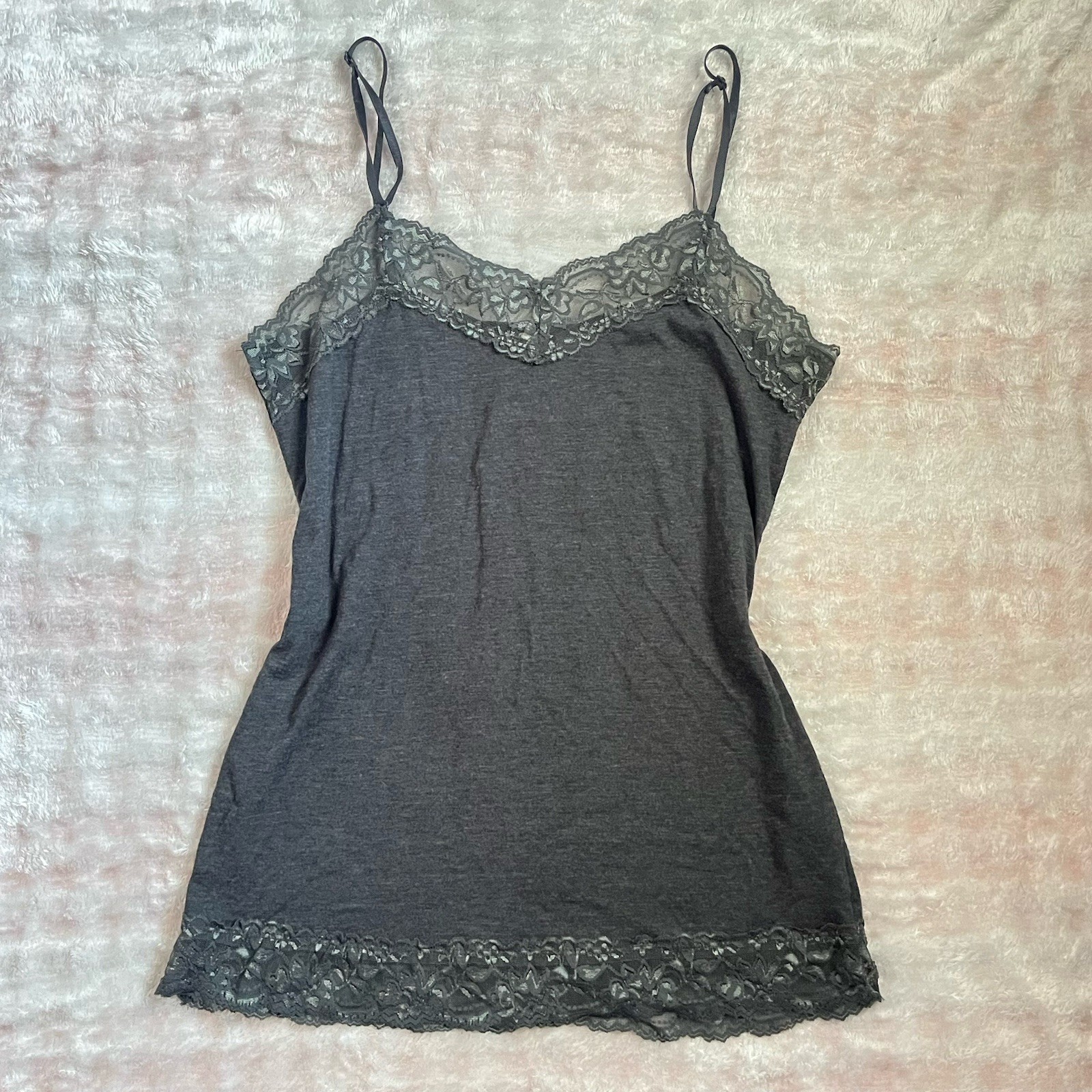 Vintage 90’s/Y2K Artisan Apparel Gray Grey Lace Trim Cami Top Made In USA Med