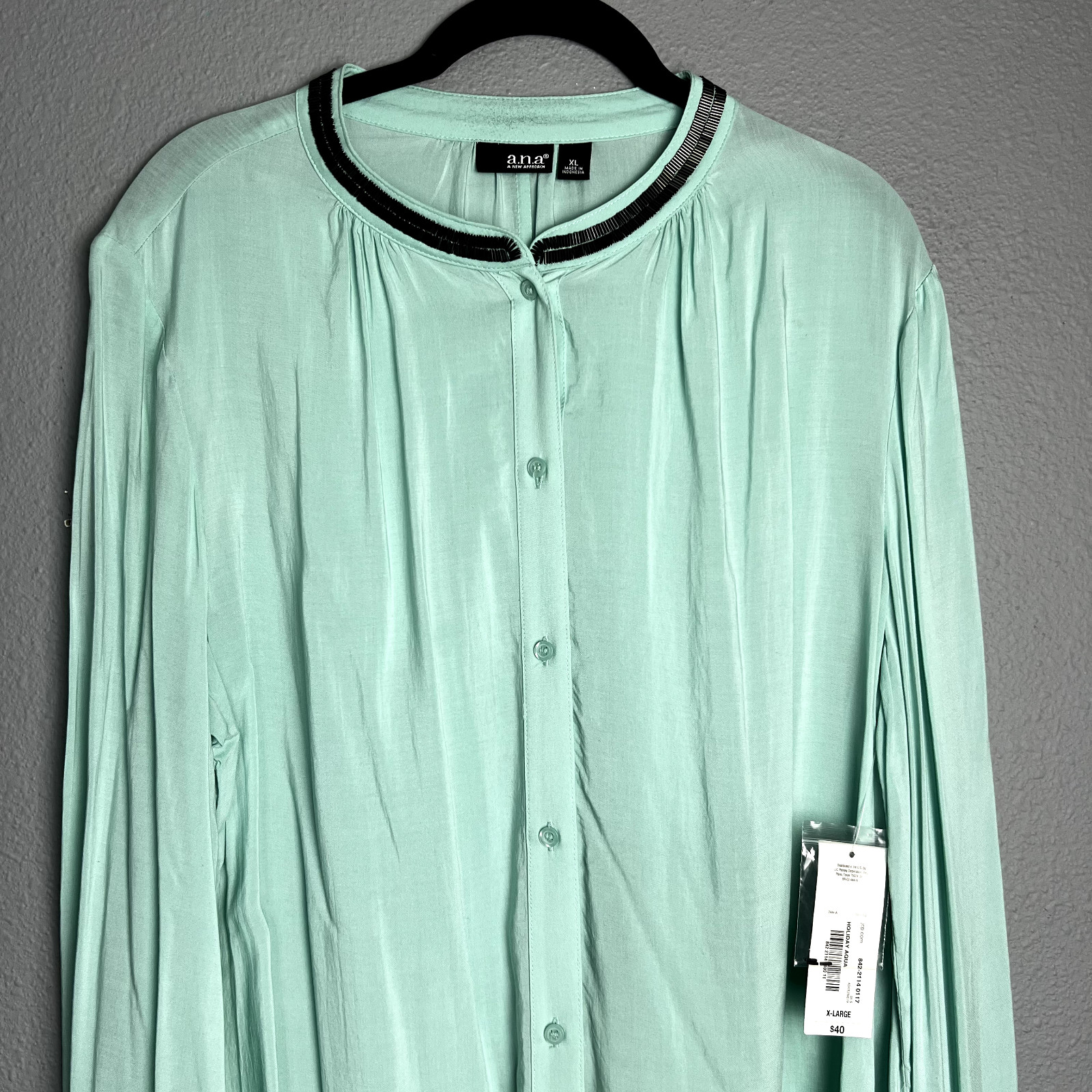 NWT a.n.a. Womens Size XL Holiday Aqua Blouse Office Wear Satin Beaded Accents
