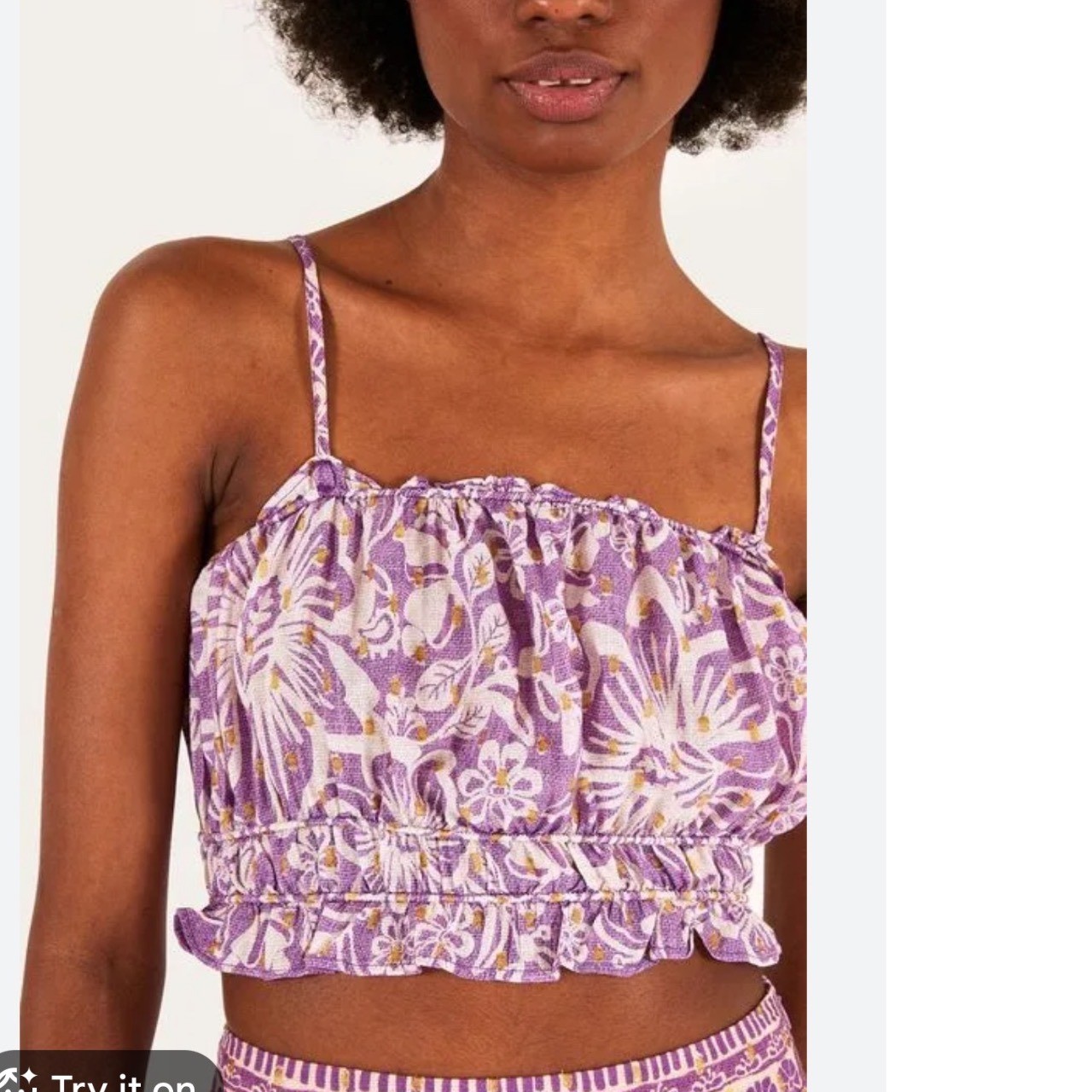 Farm Rio Purple Floral Gold Lurex Ruffle Crop Top Cami Womens Medium Brazil