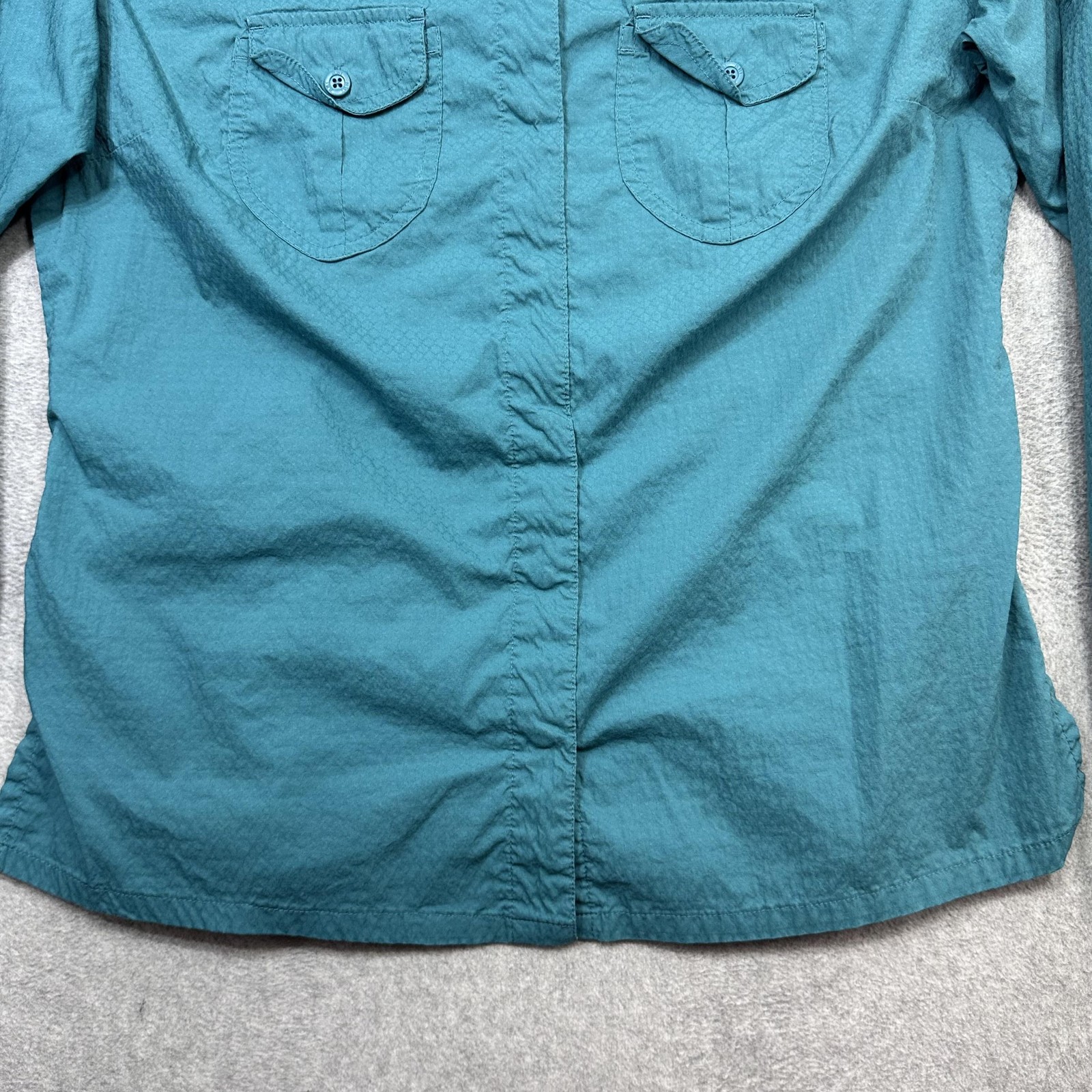 REI Shirt Womens Large Blue Green Long Sleeve Snap Front Hiking Outdoor UPF 30