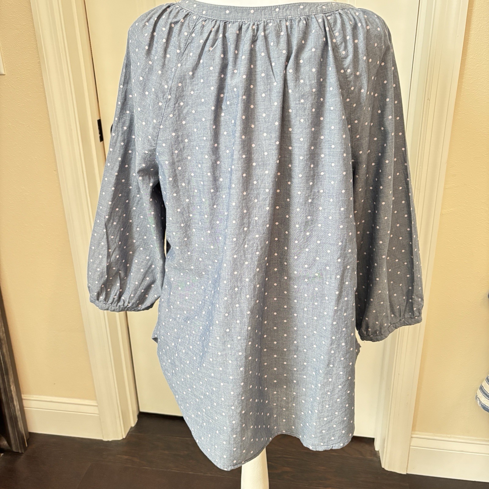 Old Navy Gray Poka Dot Button Accent V-Neck 3/4 Sleeve Cotton Top Size Lg Tunic
