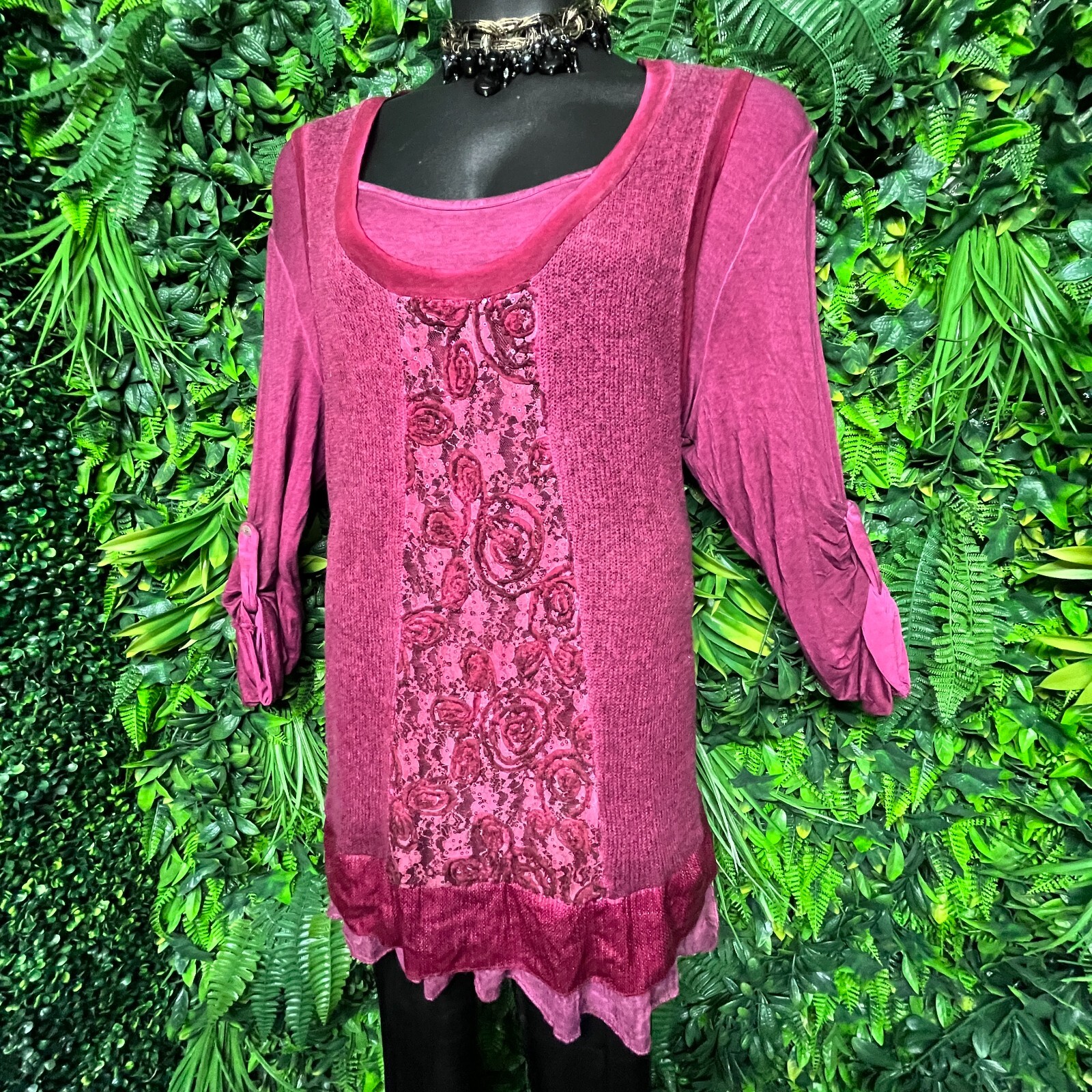 FANTAZIA Tops Women XL Wine Red Embroidered Sequin Lace Knit Blouse Detail 1247