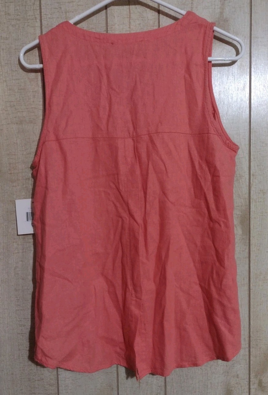 Ellen Tracy NWT Solid Coral Linen Viscose V-Neck Sleeveless Zip Front Top M