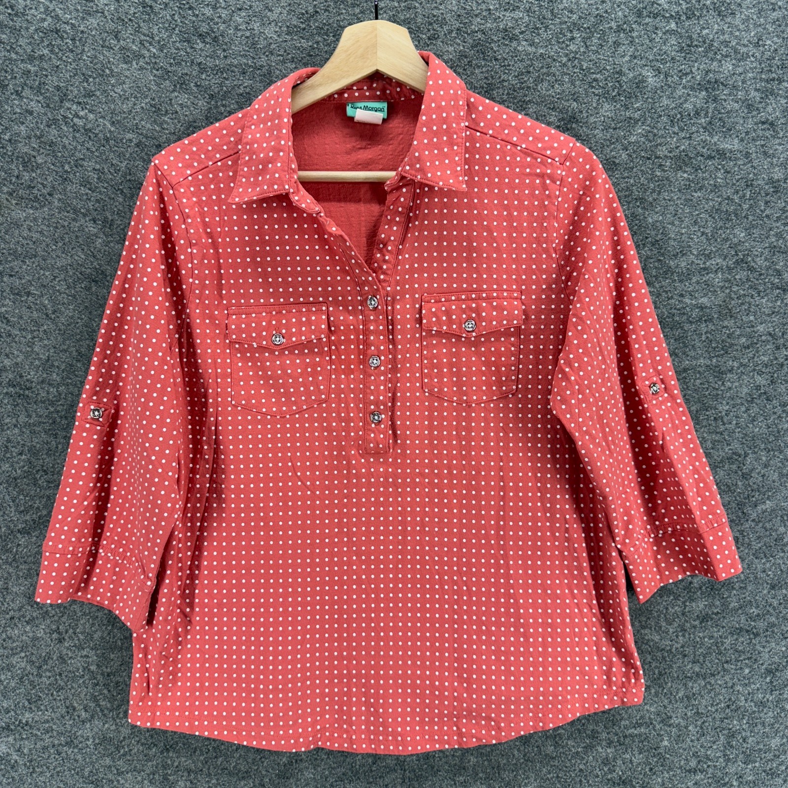 Sara Morgan Shirt Women M Pink Polka Dot 3/4 Sleeve Button Up Collared Top
