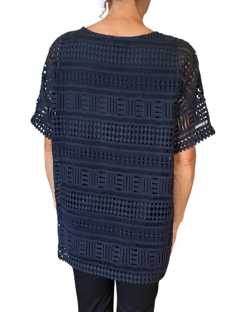 VINCE Crochet Lace Bateau Neckline Short Sleeve Top Blouse Dark Midnight Blue M