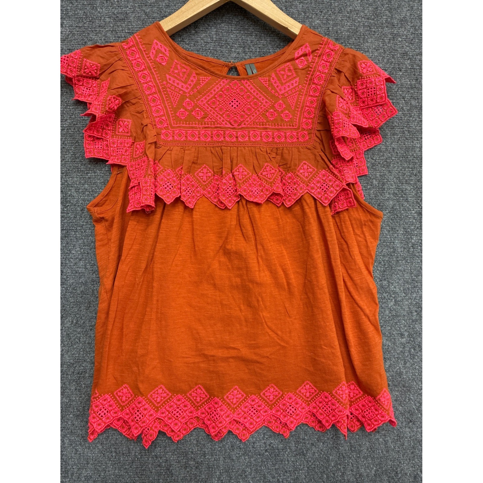 Anthropologie Embroidered Flutter Sleeve Top Orange Pink Boho Blouse S OB1330977