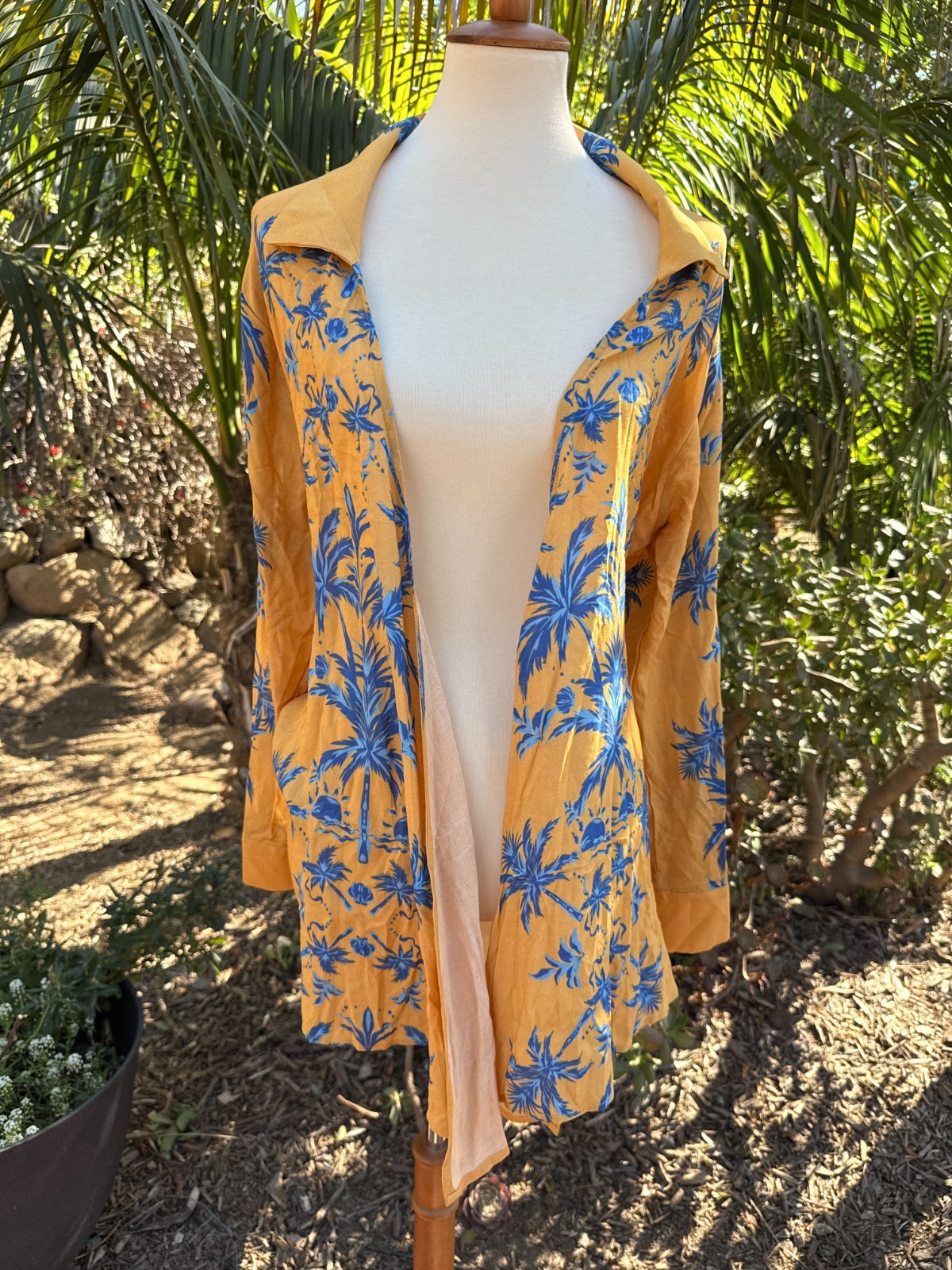 $198 NWT Aquari Yellow Blue Palm Tree Robe Wrap Dress Size S Boho Resort Wear