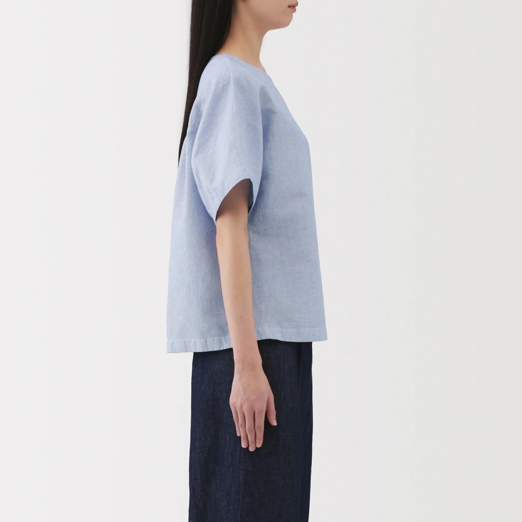 X-Small MUJI Women’s Hemp Cotton Short Sleeve Blue Striped Blouse cooling fabric