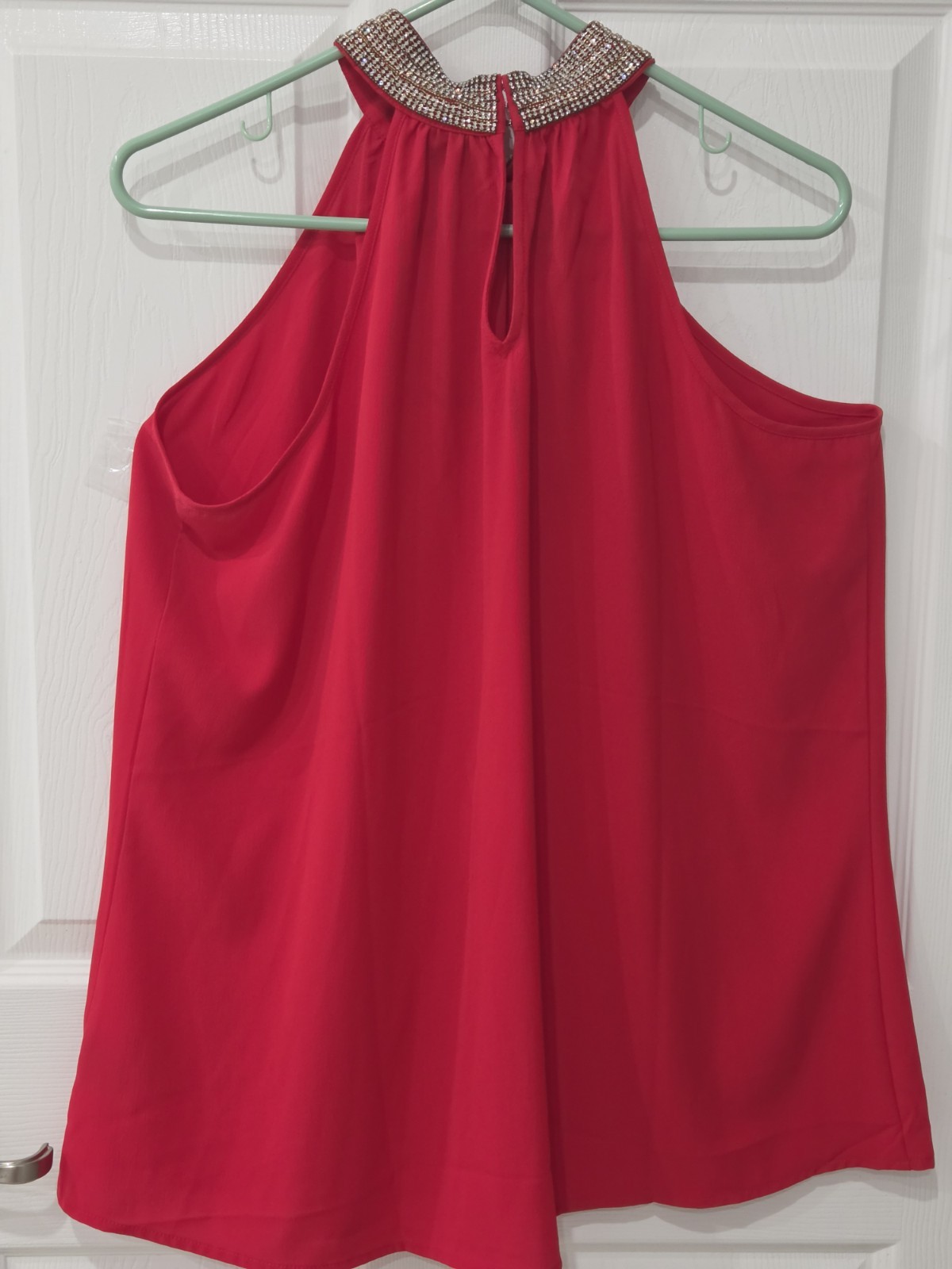 Worthington Red Solid Halter Sleeveless Blouse Beaded Keyhole XLT Tall
