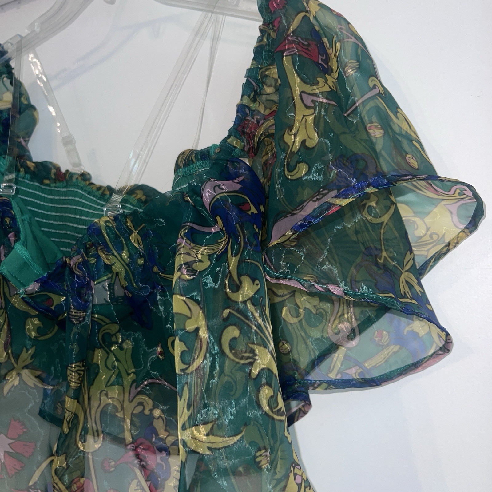 Off-Shoulder Print Smocked Crop Top with Elastic Flutter Sleeves – Green Bustier