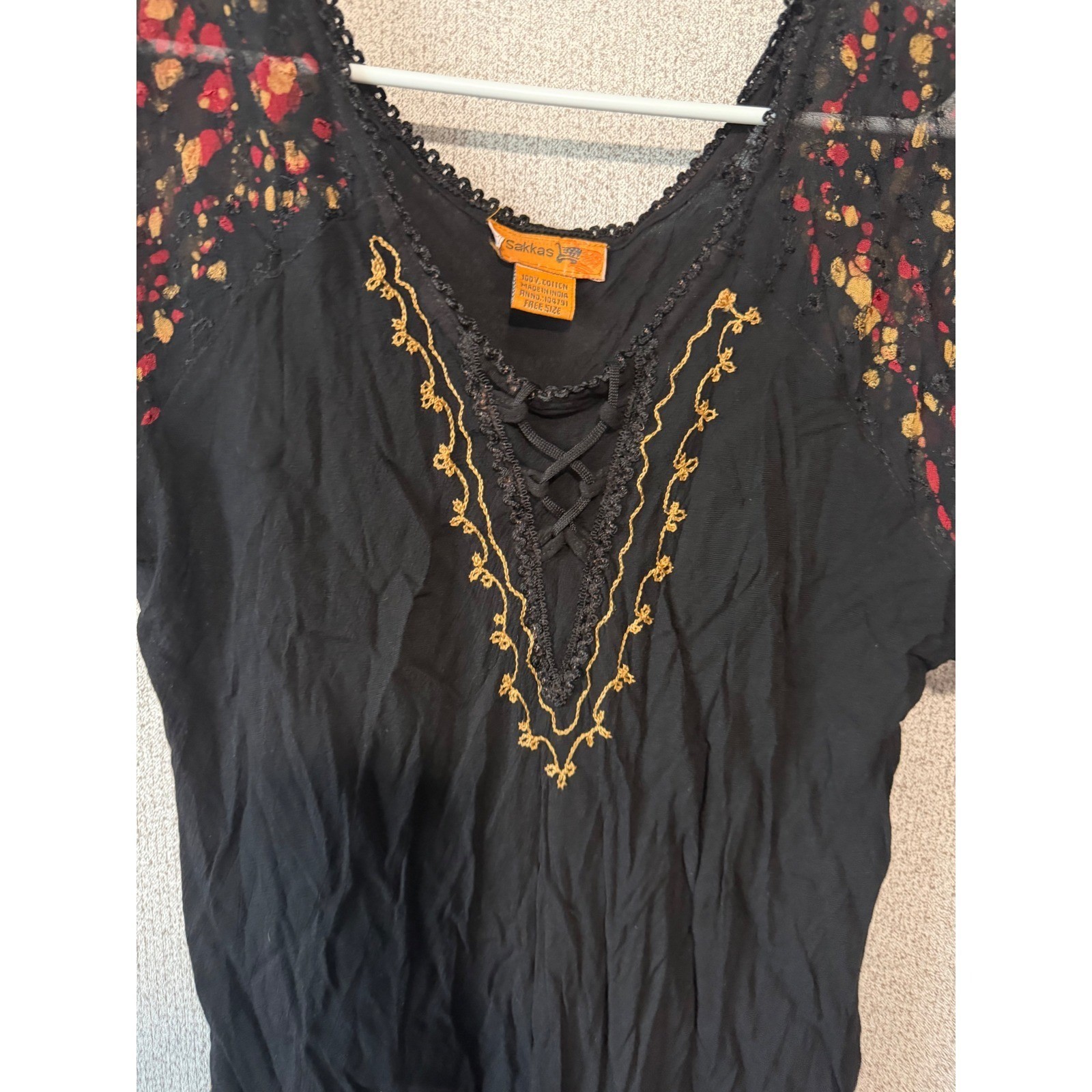 Sakkas Womens Boho Embroidered Lace Up V-Neck Blouse Black Red Gold Free Size