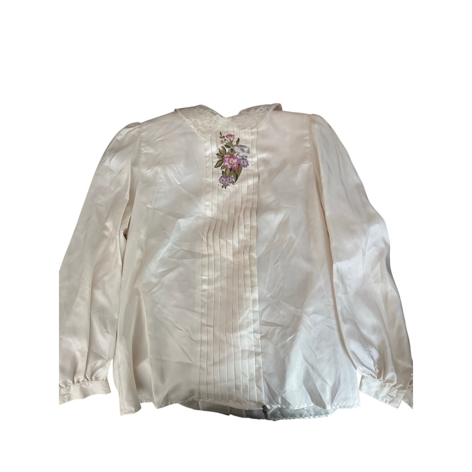 Vintage Nilani Ivory Satin Blouse Size 6 Lace Collar Floral Embroidered Romantic