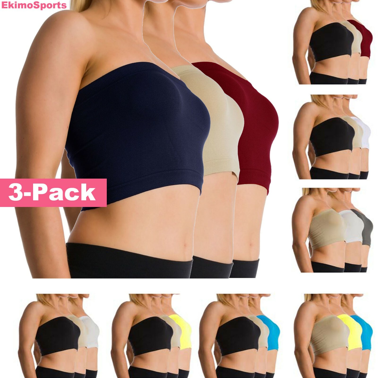 Women’s Seamless Strapless Wire-Free Tube Top Bra Bandeau Sports Bra (3-Pack)