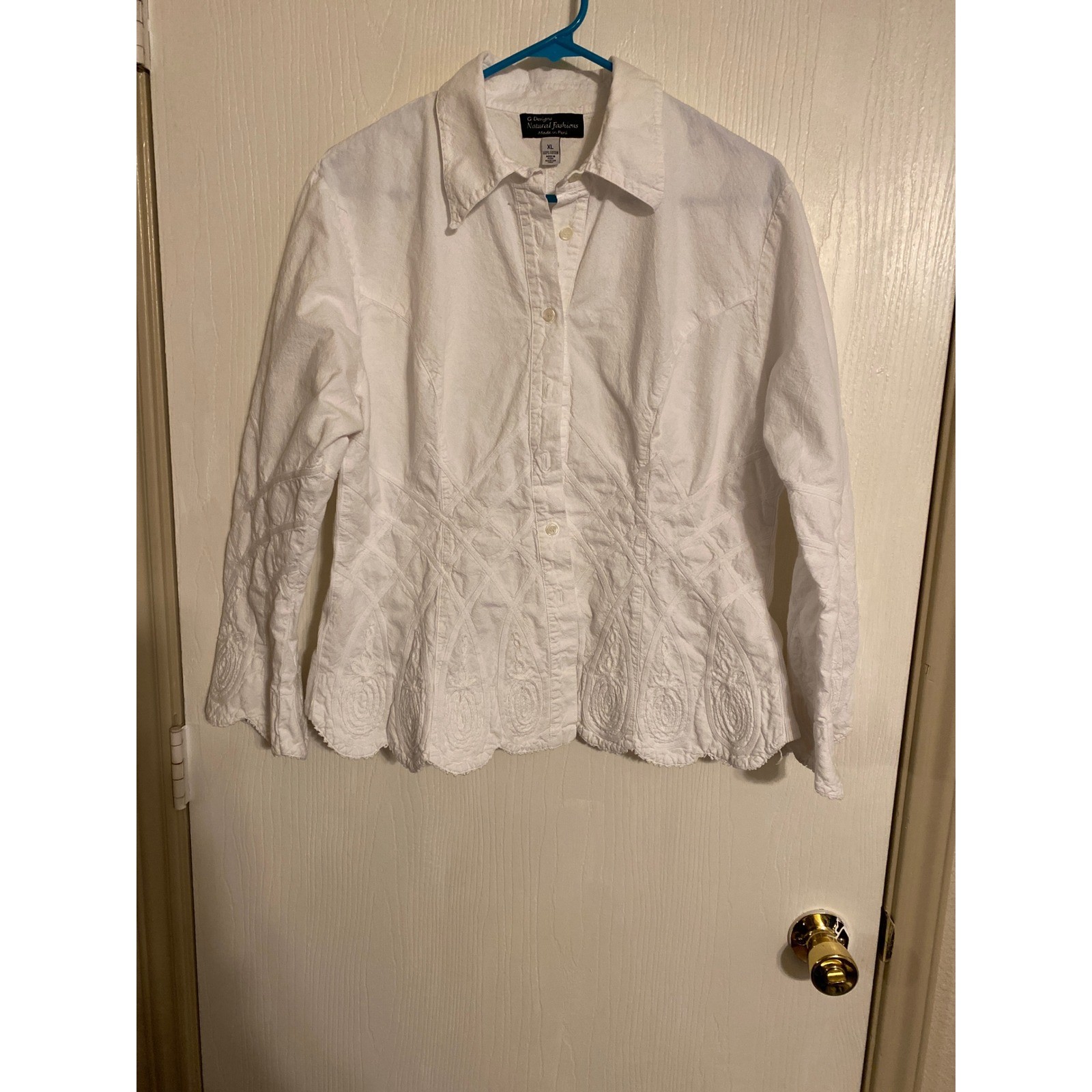 G Designs Natural Fashions White Cotton Embroidered Scalloped Hem Shirt XL Peru